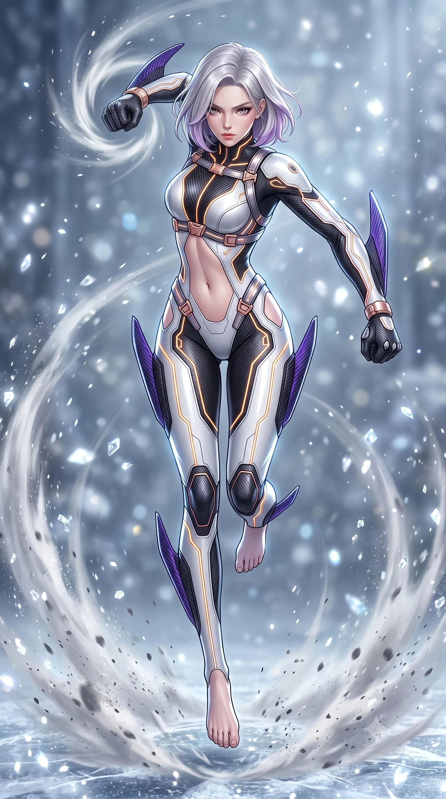 score_9, masterpiece, best quality, ultra-detailed, high-budget anime keyframe, semi-realistic 3D game render, editorial fashion photography, tasteful artistic composition, Caucasian woman. low angle full-body shot from head to toe showing her feet, filling the entire 9:16 vertical frame with her statuesque presence, stretching her vertical silhouette. leaping into mid-air with an athletic yet alluring arch of her spine, driving a downward kinetic strike surrounded by a ring of displaced air while stepping across the frosted chamber with silent, lethal predator grace that commands absolute stillness. The composition keeps background elements in soft focus with creamy bokeh. glistening diamond ice crystals scattering bright specular light motes across a cool backdrop. She has an absolutely perfect, statuesque 8.5-heads proportion, an exceptionally tall and slender model-like female figure with impossibly long slender legs, a toned flat midriff, and an ultra-slim waist. sharp v-shaped jawline, high-bridge nose, intricate jewel-like eyes with depth, thick eyelashes, glossy lips with a natural sheen, flawlessly proportioned anatomical accuracy, strict slender model proportions, natural body alignment, perfectly sculpted long slender limbs, ultra-slim waistline, clean dynamic posture without body distortion. wearing a high-contrast monochrome white-and-black carbon-composite exoskeleton suit with glowing amber circuitry and aerodynamic limb fins in royal purple carbon fiber with rose-gold hardware and clasps, tailored from flexible second-skin carbon-mesh that clings flawlessly to her athletic curves, reinforced by a sleek titanium kinetic harness and glowing micro-energy straps, the precision-cut daring openings accentuating her delicate midriff, graceful bare collarbones, and ultra-slim feminine waistline. illuminated by crisp specular ice refractions outlining her ultra-slim waist, long legs, and flat midriff. rich saturated anime colors with glowing neon highlights, detailed shading with soft gradients, rich glossy textures, high-contrast stereoscopic depth, volumetric dynamic lighting, master piece, 9:16 ratio