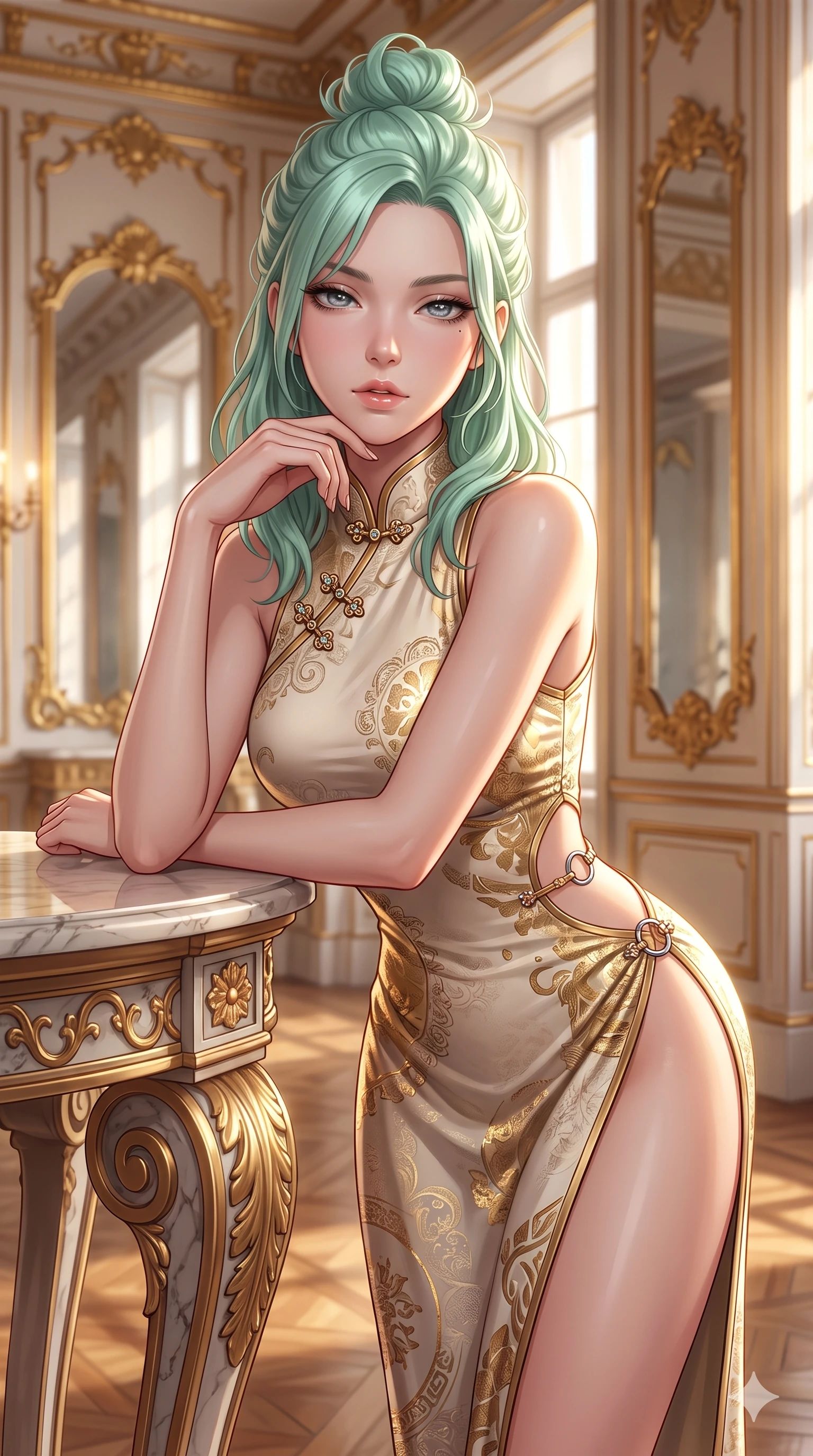 score_9, masterpiece, best quality, ultra-detailed, high-budget anime keyframe, semi-realistic 3D game render, editorial fashion photography, tasteful artistic composition, Japanese woman. close-up cowboy shot from the waist and thighs up, the character dominates the composition, filling the frame with her large presence. resting one elbow on the table and supporting her chin, leaning close to the camera with heavy-lidded sparkling eyes and parted lips while stepping forward with hypnotic grace down the gallery aisle, hips swaying in an alluring sensual rhythm that accentuates her curvy hourglass silhouette. The surrounding environment is rendered in vivid detail and crisp panoramic clarity: sharp rococo gold-leaf scrollwork, mirror bevel speculars, and crisp alabaster stone grain in deep focus. She has an exceptionally elegant, slender, and willowy female figure with an ultra-slim waist, flat toned midriff, narrow ribcage, and sculpted feminine hips creating an alluring, slim hourglass silhouette without bulk. sharp v-shaped jawline, high-bridge nose, intricate jewel-like sparkling eyes with depth, thick eyelashes, glossy parted lips with a natural sheen, intensely captivating and seductive bedroom-eyes expression, exuding both youthful cute charm and sovereign luxury allure, flawlessly proportioned anatomical accuracy, strict slender model proportions, natural body alignment, perfectly sculpted long slender limbs, ultra-slim waistline, clean dynamic posture without body distortion. wearing an alluring high-slit wrap cheongsam secured by miniature jeweled clasps and revealing the curve of her hip in Istrian stone cream and antique gold-leaf, adorned with delicate chrome ring hardware and cutouts along her slender waist, complemented by strappy stiletto sandals with metallic ankle wraps accentuating her slender calves, the glove-like clinging cut tightly following the natural contour of her hips and long slender legs with youthful 8.5-heads elegance. illuminated by mirrored wall bounce and sharp diamond-gold rim lights carving her sculpted collarbones, ultra-slim waist, and curvy hips. highly saturated vibrant anime colors, detailed shading with soft gradients, rich glossy textures, high-contrast stereoscopic depth, volumetric dynamic lighting, master piece, 9:16 ratio
