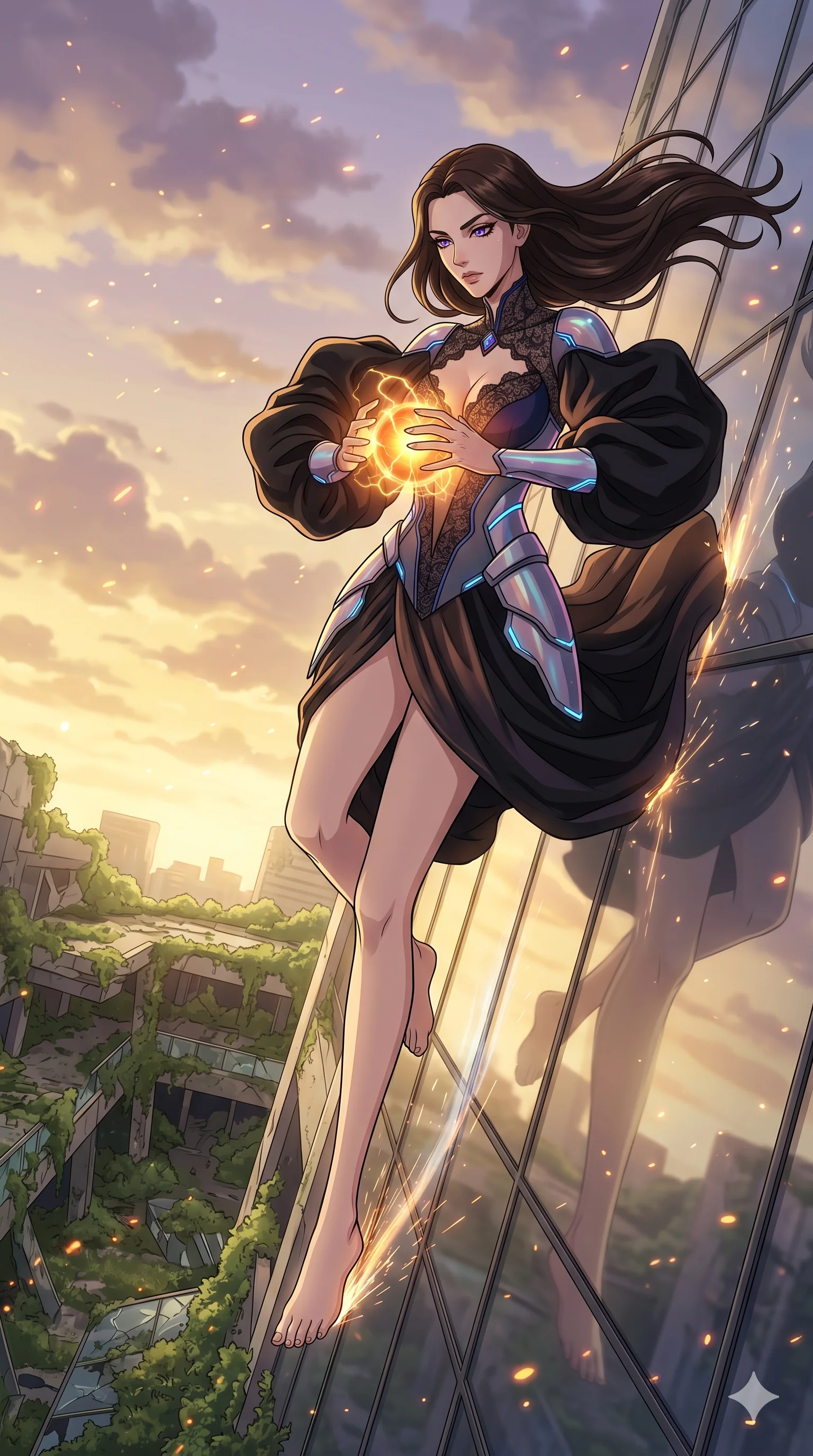 score_9, masterpiece, best quality, ultra-detailed, Set A: High-budget Anime Keyframe, Caucasian (human ears) woman. Low angle cowboy shot filling the entire 9:16 frame with her statuesque presence. Theme: Ethereal Dream. sliding down a glass skyscraper in a ruined overgrown shopping mall, holding a glowing core that hums with the power of 182 suns. The atmosphere is filled with golden hour with floating embers. She has an absolutely perfect 8-heads proportion, an exceptionally tall and slender female figure with impossibly long slender legs and an ultra-slim waist. Sharp v-shaped jawline, high-bridge nose, intricate jewel-like eyes with depth, glossy lips. Wearing Futuristic court-lady gown with massive sleeves and a deep-cut lace bodice. Cinematic lighting, vivid colors, dramatic shadows, 2k, ultra detail, master piece, 9:16 ratio