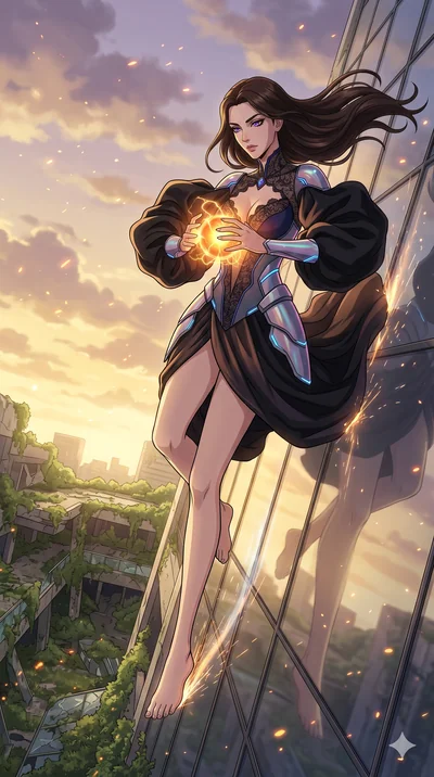score_9, masterpiece, best quality, ultra-detailed, Set A: High-budget Anime Keyframe, Caucasian (human ears) woman. Low angle cowboy shot filling the entire 9:16 frame with her statuesque presence. Theme: Ethereal Dream. sliding down a glass skyscra
