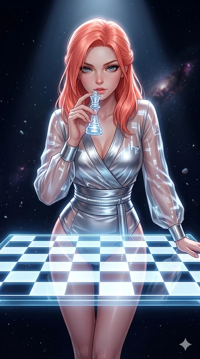score_9, masterpiece, best quality, ultra-detailed, high-budget anime keyframe, Japanese woman. Upper body close-up from the thighs up, character filling the screen for maximum presence. She is leaning over a giant glowing glass chess board floating 