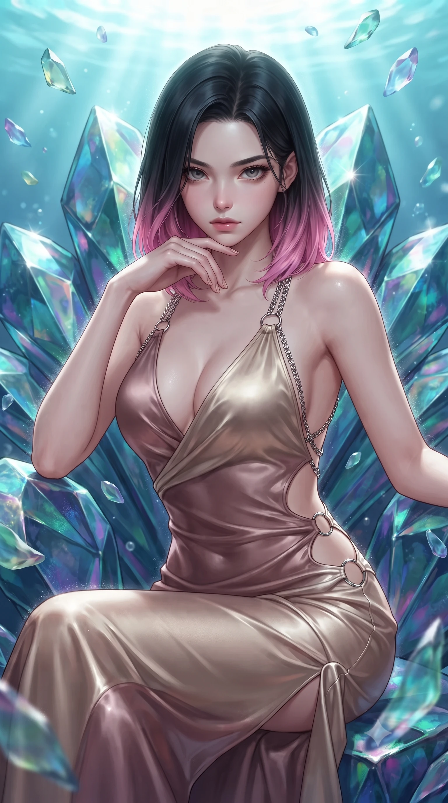 score_9, masterpiece, best quality, ultra-detailed, high-budget anime keyframe, editorial fashion photography, tasteful artistic composition, Korean woman. close-up cowboy shot from the waist and thighs up, the character dominates the composition, filling the frame with her large presence, background elements kept in soft focus. Resting her chin on the backs of her fingers, casting a sharp, mysterious gaze poised on an abyssal prism shell throne bathed in sunlit ocean rays, translucent sea glass fragments drifting gracefully around her. She has an exceptionally elegant, slender, and willowy female figure with an ultra-slim waist, a gracefully sculpted slender torso, and a refined silhouette. sharp v-shaped jawline, high-bridge nose, intricate jewel-like eyes with depth, thick eyelashes, glossy lips with a natural sheen. wearing a deep-scoop halter bodycon dress with hip cutouts connected by silver rings in dusty rose and champagne gold, crafted from lustrous satin jersey with fluid draping, adorned with delicate metallic chain straps along the neckline, the tailored fabric tightly following every curve of her athletic build. surrounded by a shimmering ocean aura with bright pearl-white rim lights. ultra-reflective glossy finish, specular highlights, metallic sheen, high-contrast stereoscopic depth, volumetric dynamic lighting, 2k, ultra detail, master piece, 9:16 ratio