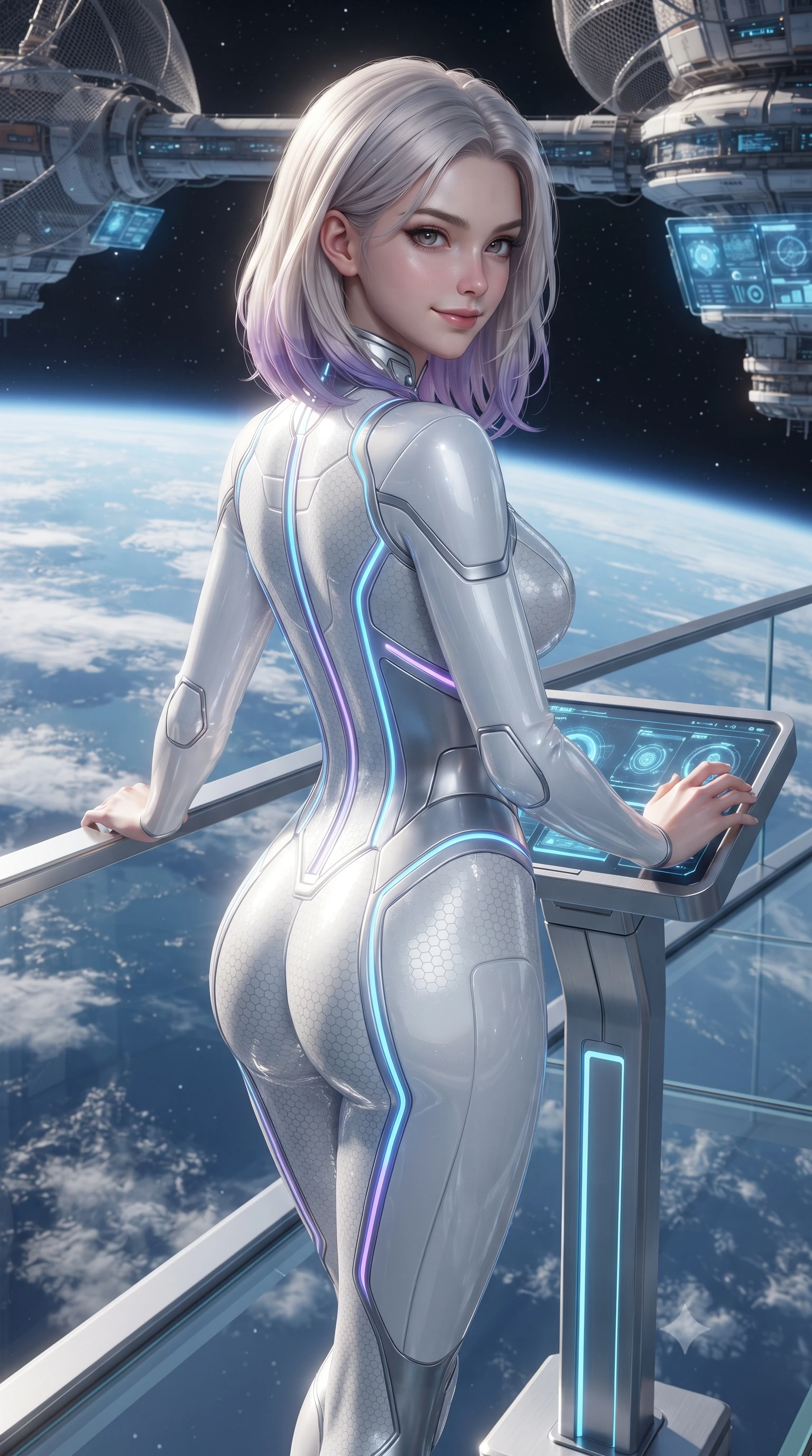 score_9, masterpiece, best quality, ultra-detailed, high-budget anime keyframe, editorial fashion photography, tasteful artistic composition, Caucasian woman. close-up cowboy shot from the waist and thighs up, the character dominates the composition, filling the frame with her large presence. resting both hands lightly on the holoscreen pedestal while leaning toward the lens with a teasing smirk, her tight combat suit hugging her narrow waist and feminine hip curve while walking slowly along the frameless glass skybridge suspended miles above Earth, looking back over her shoulder with an air of effortless grace and a teasing smile. The surrounding environment is rendered in vivid detail and crisp panoramic clarity: detailed mesh fabric weave, starlight specular glints on armor, and orbital station architecture in razor-sharp clarity. She has an exceptionally elegant, slender, and willowy female figure with an ultra-slim waist, flat toned midriff, narrow ribcage, and sculpted feminine hips creating an alluring, slim hourglass silhouette without bulk. sharp v-shaped jawline, high-bridge nose, intricate jewel-like sparkling eyes with depth, thick eyelashes, glossy parted lips with a natural sheen, bright confident smile with an enchanting and coquettish sensual glint, exuding both youthful magnetic charm and sovereign high-tech allure, flawlessly proportioned anatomical accuracy, strict slender model proportions, natural body alignment, perfectly sculpted long slender limbs, ultra-slim waistline, clean dynamic posture without body distortion. wearing an aerodynamic second-skin combat bodysuit with hexagonal carbon weave and glowing circuit seam piping in pure alabaster white and brushed silver accents, tailored from ultra-reflective glossy liquid vinyl with mirror-like specular highlights, accented with glowing neon fiber-optic piping tracing her spine and hip lines, the form-fitting tactical tailoring adhering flawlessly to her sculpted flat midriff and slender torso, emphasizing her long leg lines and perfectly proportioned willowy build. illuminated by internal skybridge LED pathway wash and sharp platinum rim lights defining her sculpted collarbones, ultra-slim waist, and curvy hips. ultra-reflective glossy finish, specular highlights, rich textural contrasts, high-contrast stereoscopic depth, volumetric dynamic lighting, 2k, ultra detail, master piece, 9:16 ratio