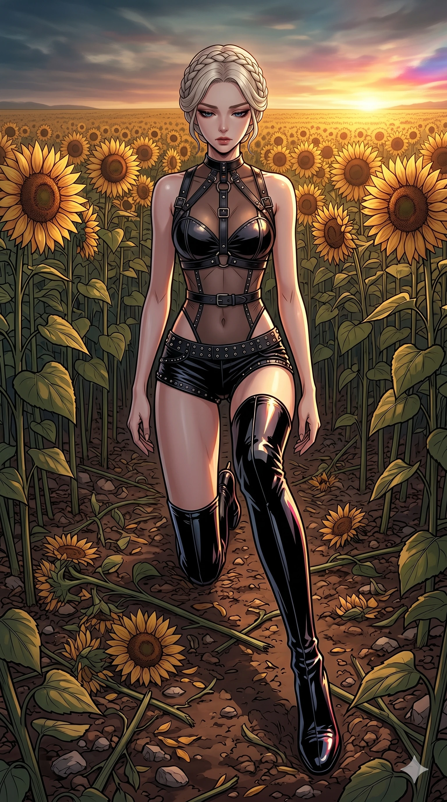 score_9, masterpiece, best quality, ultra-detailed, high-budget anime movie keyframe, cinematic anime lighting, intricate line art, Korean woman. Dynamic full-body shot stretching the vertical silhouette with extreme perspective. collapsing onto her knees in a field of sunflowers after a long journey. She has an absolutely perfect 8-heads proportion, an exceptionally tall and slender female figure with an ultra-slim waist and impossibly long slender legs. strictly human anatomy, two legs only, no extra limbs, clearly defined legs and arms, perfect anatomy, perfect hands and fingers. sharp v-shaped jawline, high-bridge nose, intricate jewel-like eyes, thick eyelashes, glossy lips. Wearing K-Idol Stage: Leather harness over mesh, high-cut bodysuit, studded micro-shorts, and thigh-high patent boots. The scene is illuminated by dramatic atmospheric lighting and vibrant color palettes. , 2k, ultra detail, master piece, 9:16 ratio