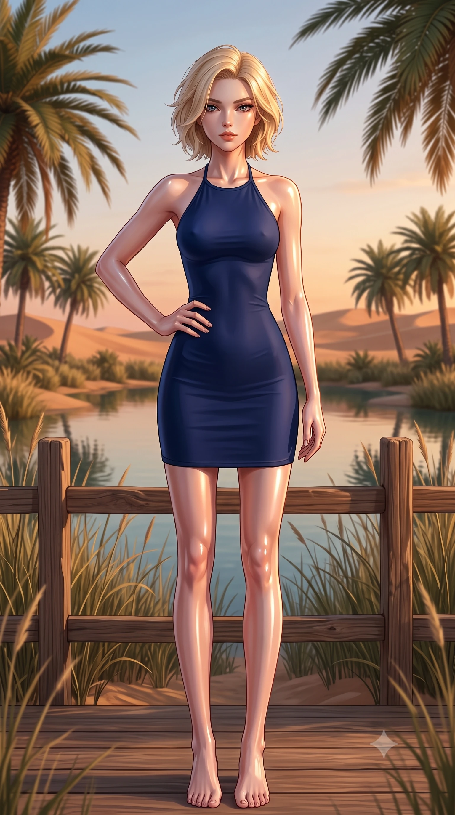 score_9, masterpiece, best quality, ultra-detailed, high-budget anime keyframe, editorial fashion photography, tasteful artistic composition, Caucasian woman. low angle full-body shot from head to toe showing her feet, filling the entire 9:16 vertical frame with her statuesque presence, stretching her vertical silhouette. posing confidently with one hand on her hip, stretching her statuesque body to emphasize her curves the background shows a soft-focus a cozy cottage deck in the desert oasis, surrounded by beachgrass and wooden fences. She has an absolutely perfect, statuesque 8.5-heads proportion, an exceptionally tall and slender model-like female figure with impossibly long slender legs and an ultra-slim waist. sharp v-shaped jawline, high-bridge nose, intricate jewel-like eyes with depth, thick eyelashes, glossy lips with a natural sheen. wearing a body-hugging form-fitting halter dress in deep navy blue, contouring her athletic, slender build. warm sunset light casting a peaceful, cozy orange wash on her figure. ultra-reflective glossy finish, specular highlights, metallic sheen, high-contrast stereoscopic depth, volumetric dynamic lighting, 2k, ultra detail, master piece, 9:16 ratio