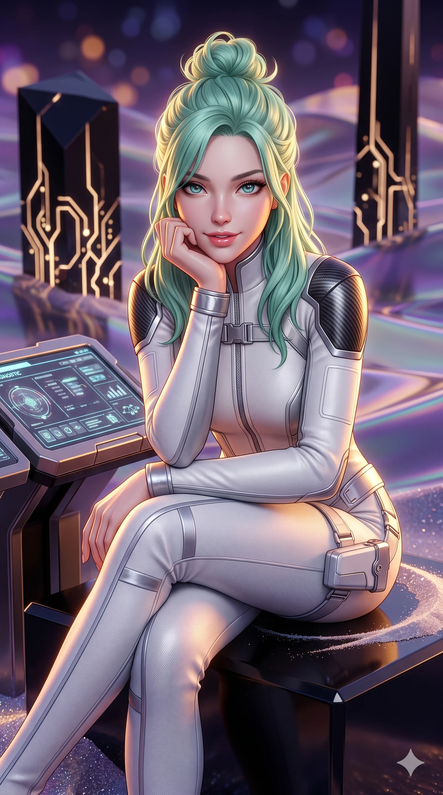 score_9, masterpiece, best quality, ultra-detailed, high-budget anime keyframe, semi-realistic 3D game render, editorial fashion photography, tasteful artistic composition, Japanese woman. close-up cowboy shot from the waist and thighs up, the character dominates the composition, filling the frame with her large presence. resting one elbow on the diagnostic terminal and supporting her chin, leaning close to the camera with parted glossy lips and sparkling eyes while lounging poised on a polished obsidian pedestal with legs crossed, flashing an enchanting smile with parted glossy lips as crystalline sand ripples around her. The background shows a soft-focus colossal geometric black obsidian monoliths, glowing alien circuit veins, and endless ripples of iridescent glass dunes blurred into violet, amber, and obsidian bokeh. She has an exceptionally elegant, slender, and willowy female figure with an ultra-slim waist, flat toned midriff, narrow ribcage, and sculpted feminine hips creating an alluring, slim hourglass silhouette without bulk. sharp v-shaped jawline, high-bridge nose, intricate jewel-like sparkling eyes with depth, thick eyelashes, glossy parted lips with a natural sheen, bright confident smile with an enchanting and coquettish sensual glint, exuding both youthful magnetic charm and sovereign high-tech allure, flawlessly proportioned anatomical accuracy, strict slender model proportions, natural body alignment, perfectly sculpted long slender limbs, ultra-slim waistline, clean dynamic posture without body distortion. wearing a tailored high-collar aerodynamic flight suit with structured carbon-fiber shoulder plates and ergonomic zip channels in pure alabaster white and brushed silver accents, woven from high-density tech-wool with subtle metallic thread weave, finished with polished chrome buckle hardware and modular magnetic holster clasps, the impeccably tailored cut draping gracefully along her slender figure with aristocratic poise. illuminated by glowing monolith circuit veins and sharp golden-amber rim lights sculpting her razor-sharp jawline, narrow waist, and curvy hips. highly saturated vibrant anime colors, detailed shading with soft gradients, rich glossy textures, high-contrast stereoscopic depth, volumetric dynamic lighting, master piece, 9:16 ratio