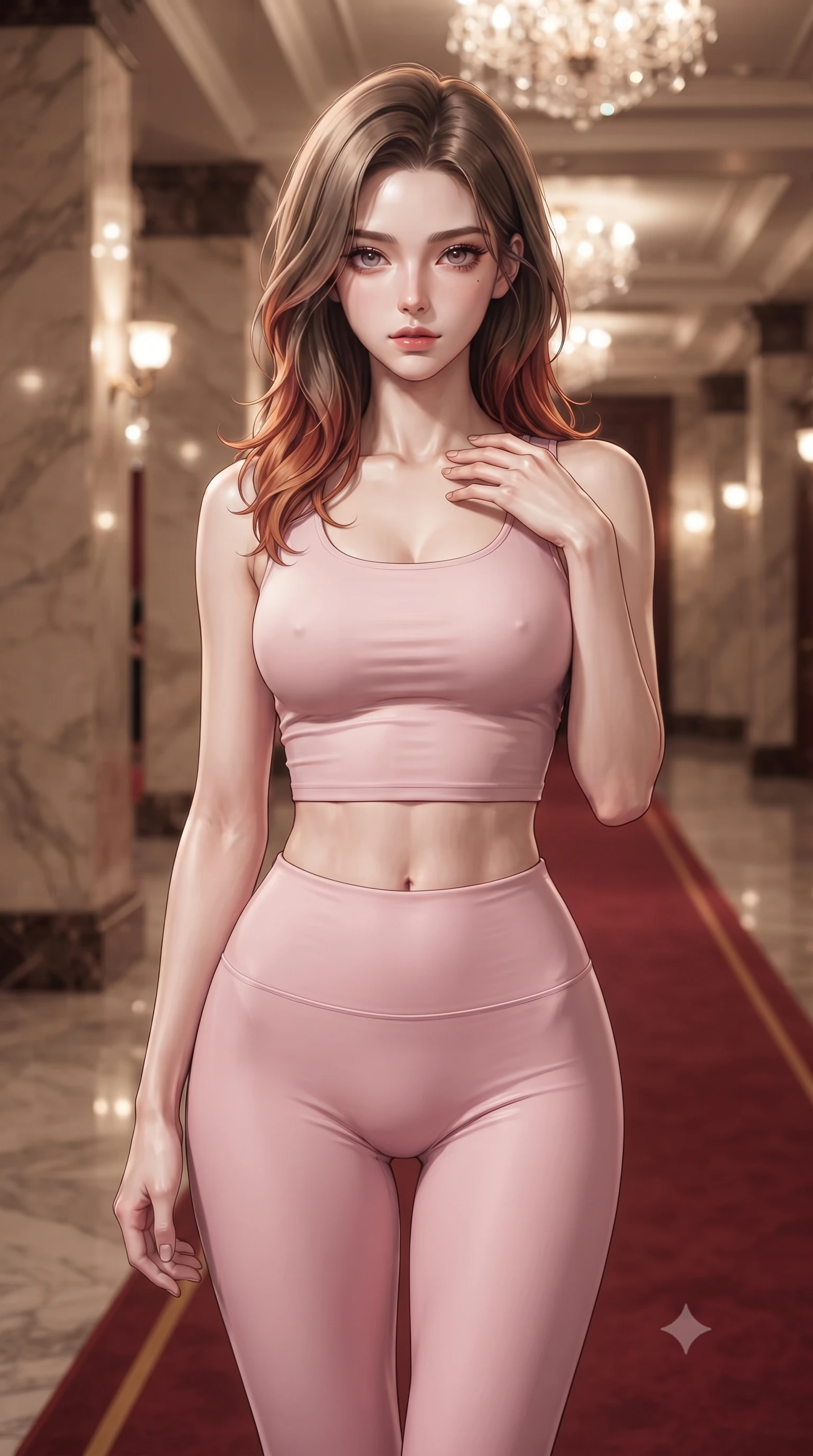 score_9, masterpiece, best quality, ultra-detailed, high-budget anime keyframe, editorial fashion photography, tasteful artistic composition, Korean woman. close-up cowboy shot from the waist and thighs up, the character dominates the composition, filling the frame with her large presence, background elements kept in soft focus. standing with one hand resting on her collarbone, looking at the viewer with bedroom-eyes the background shows a soft-focus a grand theater corridor with marble columns and red carpets under crystal chandeliers. She has an exceptionally elegant, slender, and willowy female figure with an ultra-slim waist, a gracefully sculpted slender torso, and a refined silhouette. sharp v-shaped jawline, high-bridge nose, intricate jewel-like eyes with depth, thick eyelashes, glossy lips with a natural sheen. wearing a body-hugging body-hugging light pink crop tank top paired with high-waisted tight-fitting leggings. multiple warm ambient lights reflecting off the polished marble surfaces. ultra-reflective glossy finish, specular highlights, metallic sheen, high-contrast stereoscopic depth, volumetric dynamic lighting, 2k, ultra detail, master piece, 9:16 ratio