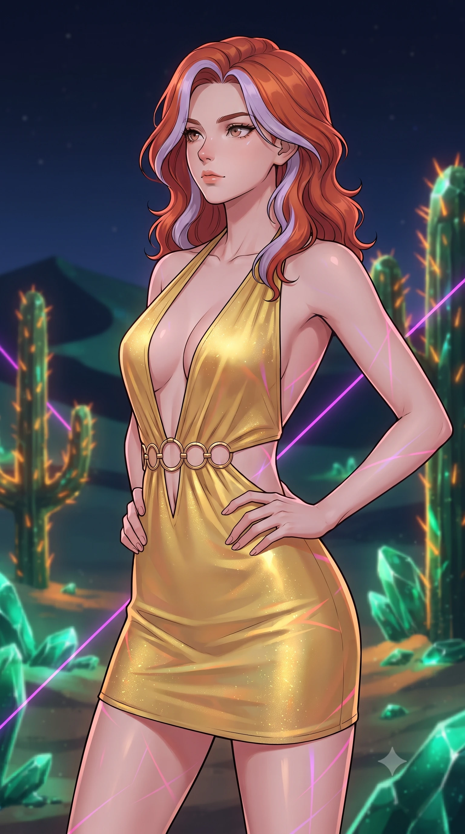 score_9, masterpiece, best quality, ultra-detailed, high-budget anime keyframe, gorgeous anime illustration, with clean line-art and distinct ink outlines, Caucasian woman, strictly human ears. close-up cowboy shot from the waist and thighs up, the character dominates the composition, filling the frame with her large presence, background elements kept in soft focus. Gazing past the camera with an air of effortless superiority. set against a soft-focus background of in a desert at night where the cacti are made of green obsidian glass, their needles glowing with orange bio-electricity, sand dunes glowing under a starry sky. She has an exceptionally elegant and slender, willowy female figure with an ultra-slim waist, a gracefully sculpted slender torso, and a refined slim physique. sharp v-shaped jawline, high-bridge nose, intricate jewel-like eyes with depth, thick eyelashes, glossy lips with a natural sheen. wearing a backless halter mini dress in liquid yellow gold, featuring a plunging front cutout and gold waist rings. laser lines of violet and hot pink reflecting off surfaces casting geometric neon highlights. 2k, ultra detail, master piece, 9:16 ratio, vibrant anime color palette, detailed cel-shading with soft gradients, rich contrast, dynamic lighting, 2d animation style
