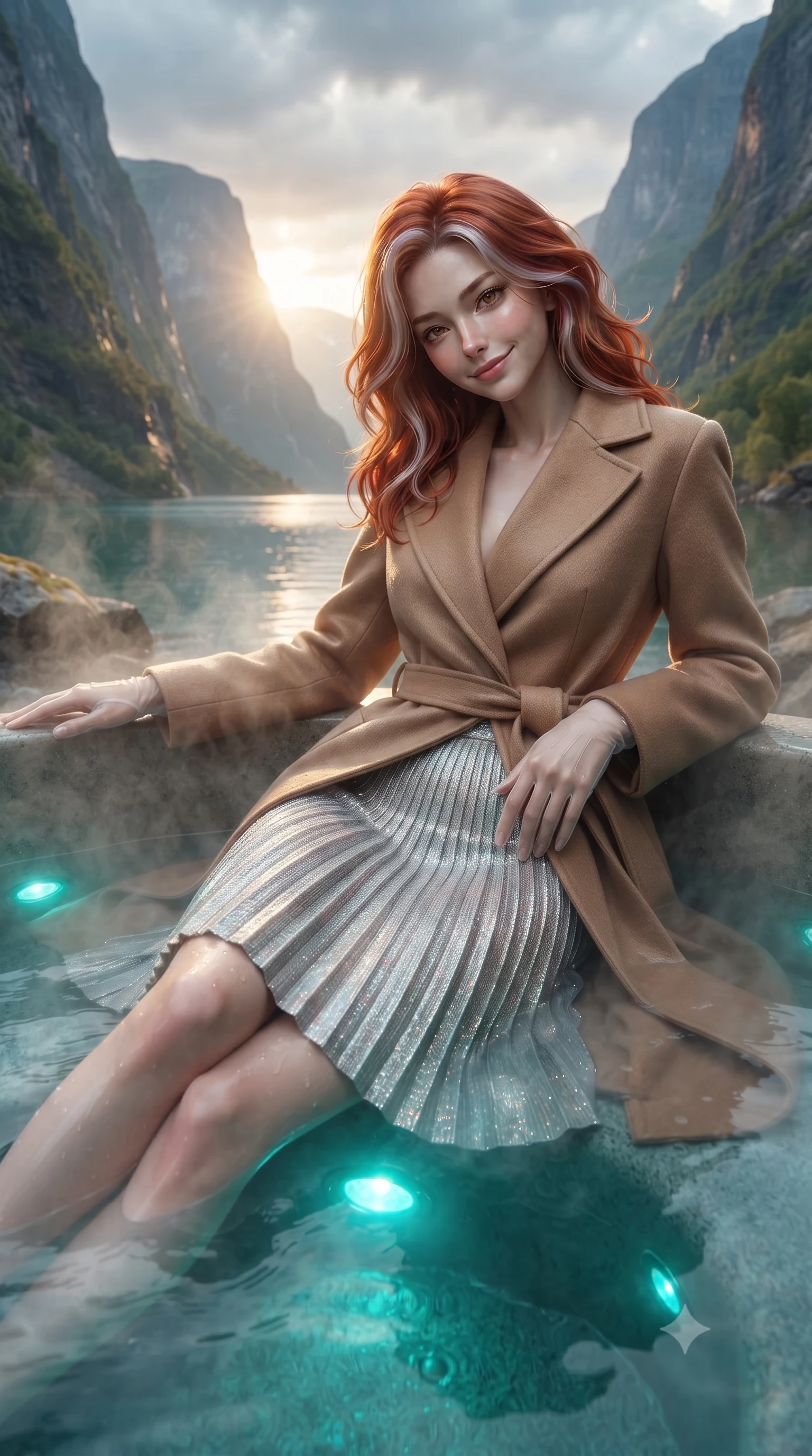 score_9, masterpiece, best quality, ultra-detailed, high-budget anime keyframe, editorial fashion photography, tasteful artistic composition, Caucasian woman. close-up cowboy shot from the waist and thighs up, the character dominates the composition, filling the frame with her large presence. tilting her head with a teasing half-smile, running one hand slowly down the side of her hip in a flirtatious S-curve as ambient light caresses her silhouette while lounging in the steaming tub water with legs extended, her statuesque 8.5-heads silhouette commanding the monumental fjord canyon. The surrounding environment is rendered in vivid detail and crisp panoramic clarity: detailed outfit texture, wet cling or bodycon fit, and breathtaking fjord engineering in razor-sharp precision. She has an exceptionally elegant, slender, and willowy female figure with an ultra-slim waist, flat toned midriff, narrow ribcage, and sculpted feminine hips creating an alluring, slim hourglass silhouette without bulk. sharp v-shaped jawline, high-bridge nose, intricate jewel-like sparkling eyes with depth, thick eyelashes, glossy parted lips with a natural peach sheen, bright cheerful beaming smile with an enchanting and coquettish sensual glint, exuding both youthful cute charm and seductive allure, flawlessly proportioned anatomical accuracy, strict slender model proportions, natural body alignment, perfectly sculpted long slender limbs, ultra-slim waistline, clean dynamic posture without body distortion. wearing a tailored double-faced camel cashmere wrap coat paired with an accordion pleated wool skirt in iridescent mother-of-pearl and liquid molten silver, woven from structured British tweed with subtle metallic flecks, complemented by sheer opera-length evening gloves tracing her slender arms, the impeccably tailored cut draping gracefully along her slender figure with aristocratic poise. bathed in underwater pool turquoise LEDs combined with golden late-evening sun filtering between narrow mountain gaps. ultra-reflective glossy finish, specular highlights, rich textural contrasts, high-contrast stereoscopic depth, volumetric dynamic lighting, 2k, ultra detail, master piece, 9:16 ratio