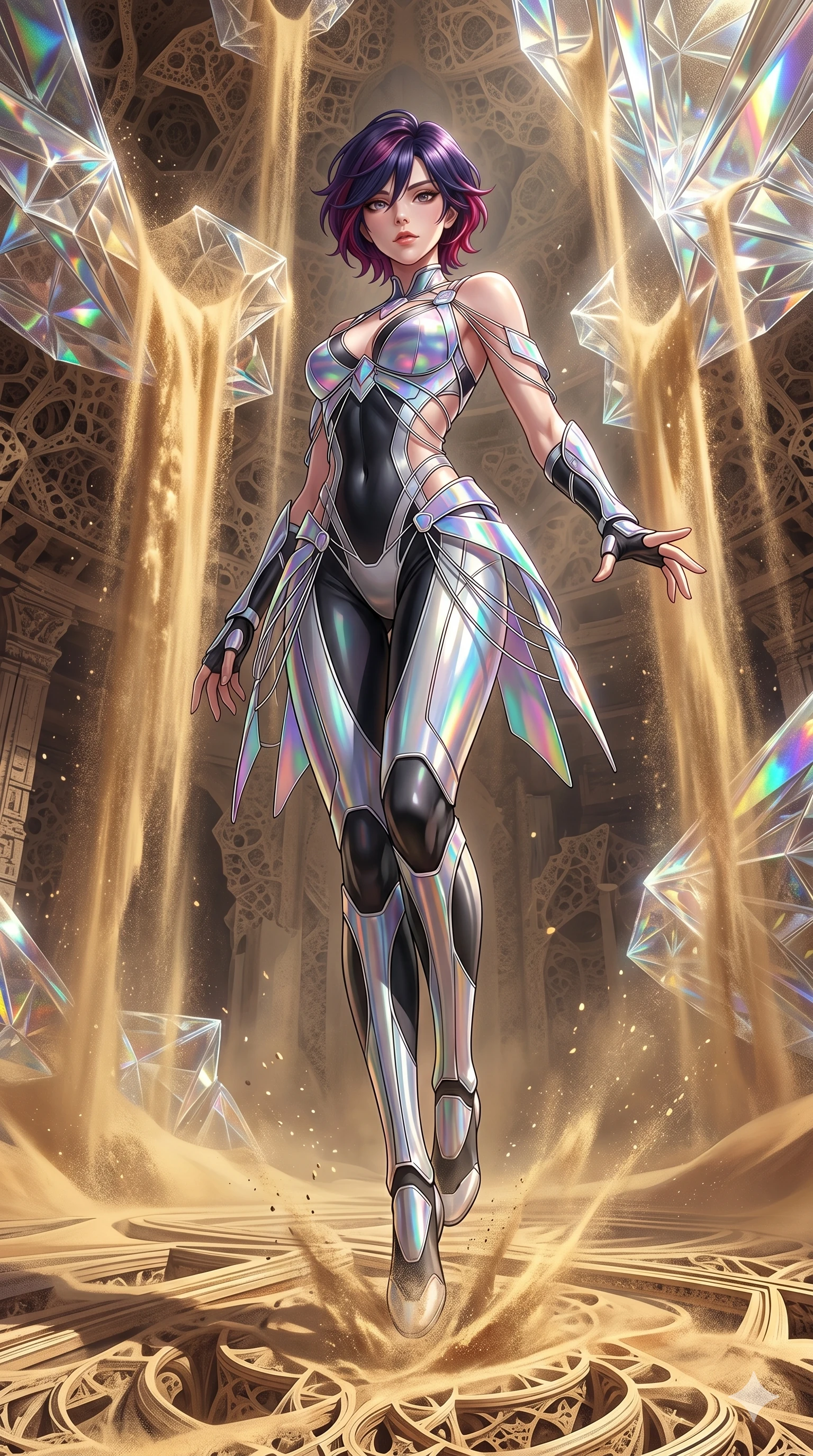 score_9, masterpiece, best quality, ultra-detailed, high-budget anime keyframe, Caucasian woman, strictly human ears. low angle full-body shot filling the entire 9:16 frame with her statuesque presence, stretching the vertical silhouette. descending through a fractal quicksand temple where golden sand waterfalls transform into glass crystals, revealing intricate repeating patterns. She has an absolutely perfect 8-heads proportion, an exceptionally tall and slender female figure with impossibly long slender legs and an ultra-slim waist. V-shaped jawline, high-bridge nose, intricate jewel-like eyes with depth, thick eyelashes, glossy lips with a natural sheen.. wearing a holographic ribbon shell armor, featuring thin iridescent plates linked by wire straps over a sleek contouring base. accented by dynamic color-blocked lighting with high-contrast shadows emphasizing her statuesque height. 2k, ultra detail, master piece, 9:16 ratio