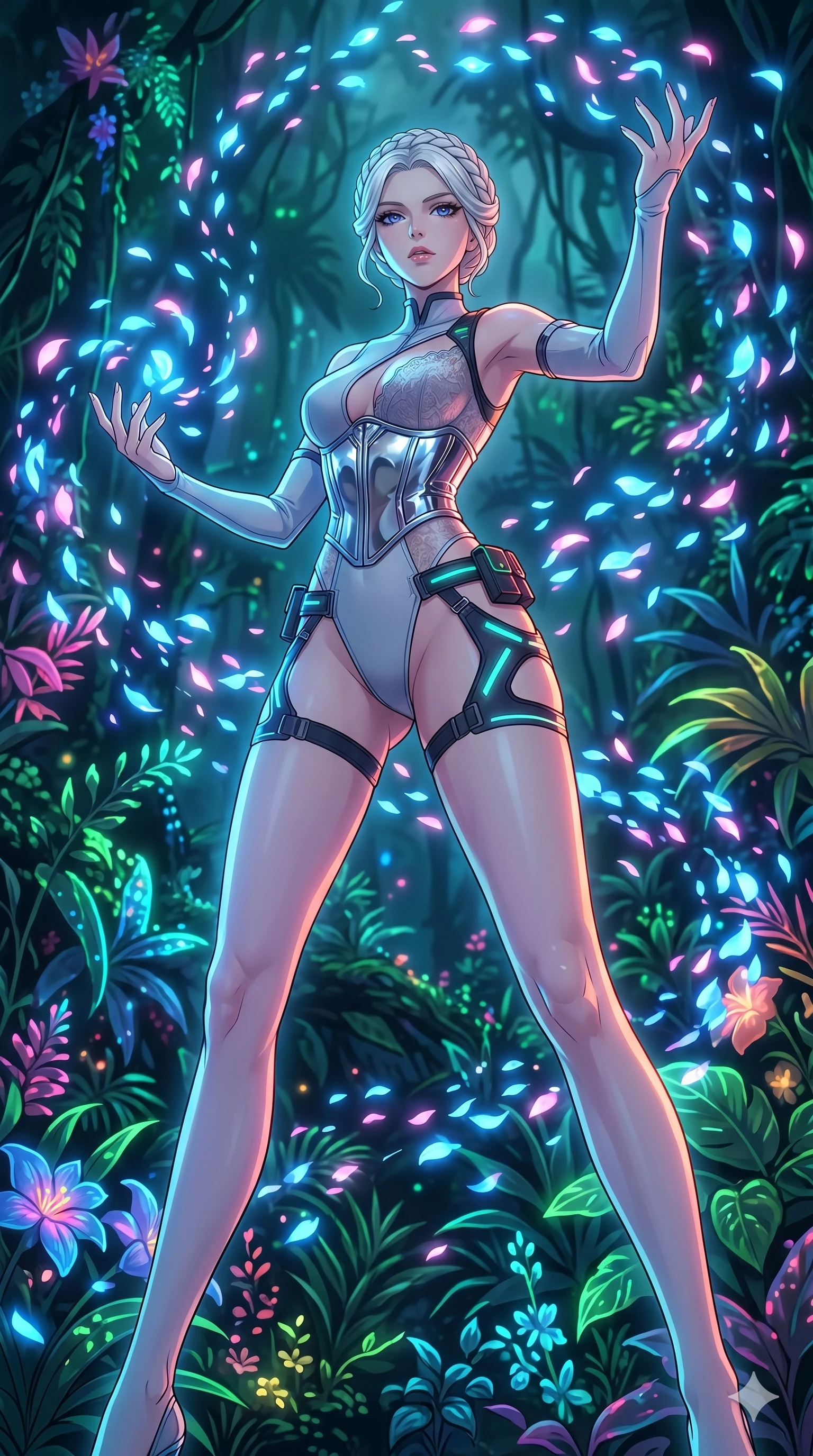 score_9, masterpiece, best quality, ultra-detailed, High-budget Anime Keyframe, vibrant colors, fluid line-art, expressive lighting, cinematic composition, Ufotable-style visual effects, top-tier animation quality, Japanese woman with delicate and elegant anime-inspired features. Low angle cowboy shot filling the entire 9:16 frame with her statuesque presence, looking up to emphasize her height. Summoning a flurry of glowing petals that swirl in a rhythmic dance. She has an absolutely perfect 8-heads proportion, an exceptionally tall and slender female figure with impossibly long slender legs and an ultra-slim waist, her statuesque height and towering silhouette dominating the vertical 9:16 frame. Her face is a masterpiece featuring a sharp v-shaped jawline, high-bridge nose, intricate jewel-like eyes with depth, thick eyelashes, and glossy lips with a natural sheen. She is wearing a Asymmetrical high-cut tech-bodysuit with detached sleeves, chrome-plated corset over sheer lace, and neon-lit tactical gear with suggestive cutouts.. The scene is set in a bioluminescent jungle where every leaf and flower glows with a unique frequency. 2k, ultra detail, master piece, 9:16 ratio