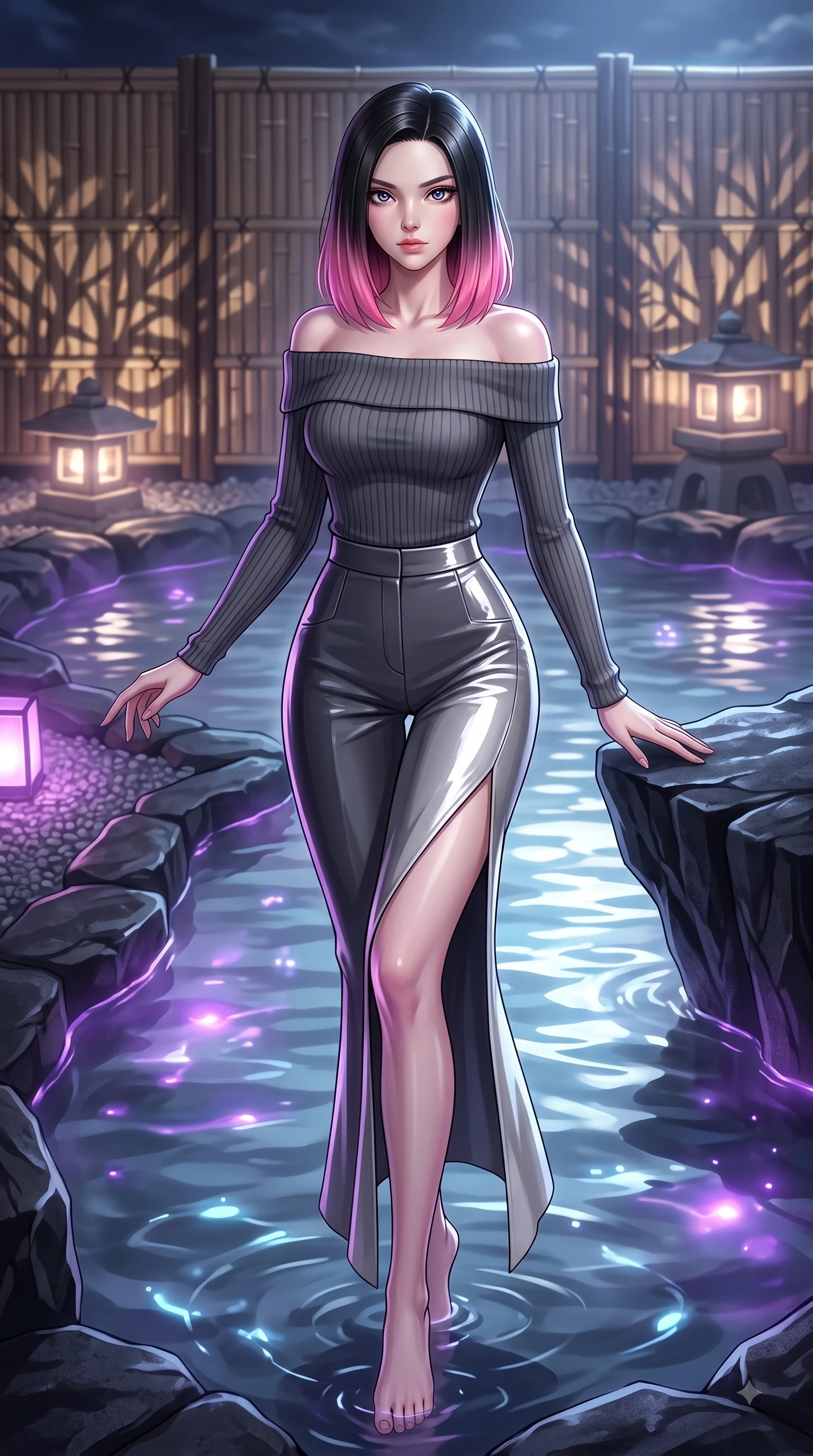 score_9, masterpiece, best quality, ultra-detailed, high-budget anime keyframe, editorial fashion photography, tasteful artistic composition, Korean woman. low angle full-body shot from head to toe showing her feet, filling the entire 9:16 vertical frame with her statuesque presence, stretching her vertical silhouette. pivoting dynamically in zero-gravity with fluid S-curve alignment, displaying her perfect model proportions while resting gracefully against a carved obsidian basalt rock edge in a private thermal hot spring, bamboo partitions and stone lanterns casting peaceful organic stencil shadows. She has an absolutely perfect, statuesque 8.5-heads proportion, an exceptionally tall and slender model-like female figure with impossibly long slender legs and an ultra-slim waist. sharp v-shaped jawline, high-bridge nose, intricate jewel-like eyes with depth, thick eyelashes, glossy lips with a natural sheen, flawlessly proportioned anatomical accuracy, natural body alignment, perfectly sculpted elegant limbs, clean dynamic posture without body distortion. wearing a sleek off-shoulder ribbed knit top paired with high-waist tailored pants in charcoal grey and platinum, tailored from high-gloss patent leather, finished with a sleek side slit ascending to mid-thigh, the elegant draped fit framing her graceful clavicle and slender torso. illuminated by luminous purple bioluminescence and serene silver moonlight. highly saturated vibrant anime colors, detailed shading with soft gradients, rich glossy textures, high-contrast stereoscopic depth, volumetric dynamic lighting, master piece, 9:16 ratio