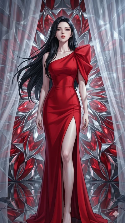 score_9, masterpiece, best quality, ultra-detailed, high-budget anime keyframe, editorial fashion photography, tasteful artistic composition, Korean woman. cowboy shot from the thighs up, character and outfit filling the frame for maximum editorial p