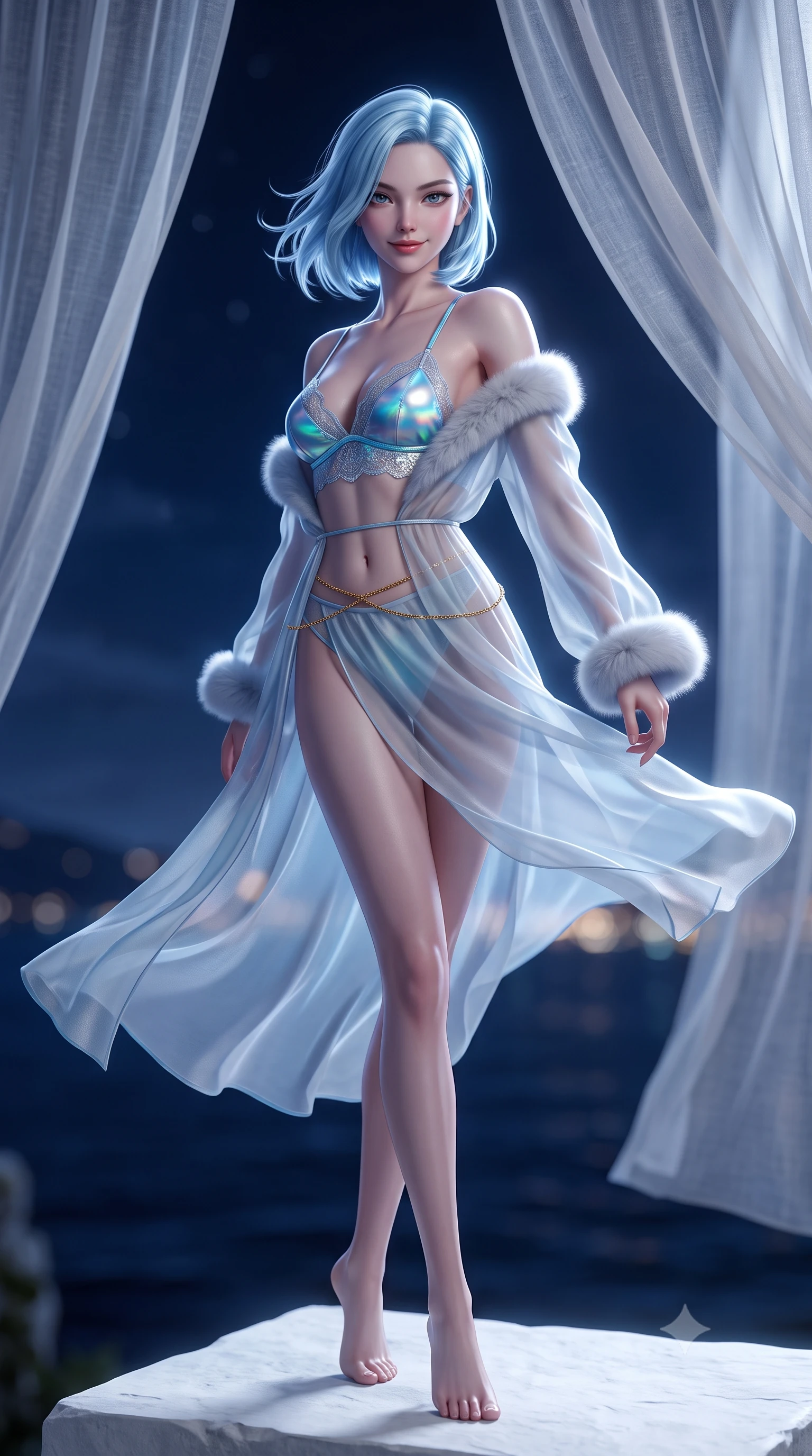 score_9, masterpiece, best quality, ultra-detailed, high-budget anime keyframe, semi-realistic 3D game render, editorial fashion photography, tasteful artistic composition, Korean woman. low angle full-body shot from head to toe showing her feet, filling the entire 9:16 vertical frame with her statuesque presence, stretching her vertical silhouette. executing a slow, graceful pivot turn as her skirt sways around her slender legs, glancing back with an enchanting, teasing sensual expression while standing poised on the white stone platform at the highest cliff point of Anacapri, arching her lower back as Mediterranean nocturnal winds billow sheer linen canopies around her silhouette. The background shows a soft-focus billowing sheer linen draperies softened in ethereal Mediterranean heaven retreat shallow focus. She has an exceptionally tall and slender model-like 8.5-heads proportion, an ultra-slim waist, a flat toned midriff, narrow delicate ribcage, and beautifully sculpted feminine hips creating a graceful, slim hourglass silhouette without any bulky heaviness, with impossibly long slender legs. sharp v-shaped jawline, high-bridge nose, intricate jewel-like sparkling eyes with depth, thick eyelashes, glossy parted lips with a natural peach sheen, bright cheerful beaming smile with an enchanting and coquettish sensual glint, exuding both youthful cute charm and seductive allure, flawlessly proportioned anatomical accuracy, strict slender model proportions, natural body alignment, perfectly sculpted long slender limbs, ultra-slim waistline, clean dynamic posture without body distortion. wearing a delicate translucent cashmere-gauze boudoir robe with faux-fur trimmed cuffs slipping off bare shoulders over a strappy lace bralette in Neo-Carthage holographic cyan and solar chrome, made of sheer gossamer chiffon that drapes softly against skin with airy translucence, accented with a dainty gold belly chain resting across her flat midriff and curving hips, the second-skin tailored fabric adhering flawlessly to her sculpted flat midriff and slender torso, emphasizing her long leg lines and perfectly proportioned willowy build. illuminated by white stucco bounce fill and sharp starlight-platinum rim lights defining her dewy collarbones, ultra-slim waist, and curvy hips. highly saturated vibrant anime colors, detailed shading with soft gradients, rich glossy textures, high-contrast stereoscopic depth, volumetric dynamic lighting, master piece, 9:16 ratio