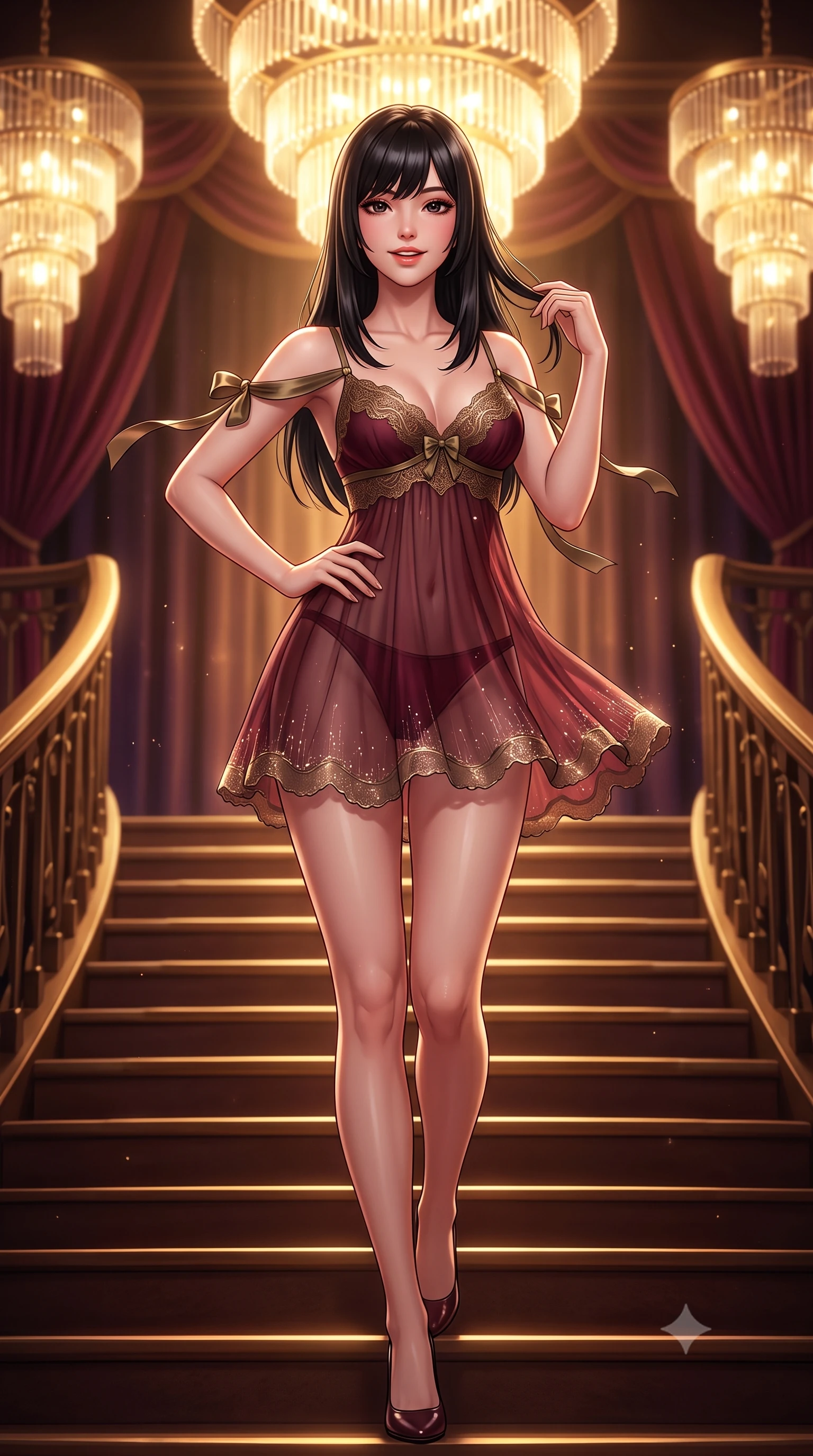 score_9, masterpiece, best quality, ultra-detailed, high-budget anime keyframe, semi-realistic 3D game render, editorial fashion photography, tasteful artistic composition, Caucasian woman. close-up cowboy shot from the waist and thighs up, the character dominates the composition, filling the frame with her large presence. twisting her slender torso in an alluring contrapposto stance, one hand resting on her sculpted hip while her fingers toy with her hair with effortless poise while walking slowly down the grand private staircase with tall poised strides, evening breezes molding her sheer gown to her hourglass curves. The background shows a soft-focus heavy velvet stage curtains softened in aristocratic Shanghai golden age shallow focus. She has an exceptionally elegant, slender, and willowy female figure with an ultra-slim waist, flat toned midriff, narrow ribcage, and sculpted feminine hips creating an alluring, slim hourglass silhouette without bulk. sharp v-shaped jawline, high-bridge nose, intricate jewel-like sparkling eyes with depth, thick eyelashes, glossy parted lips with a natural peach sheen, bright cheerful beaming smile with an enchanting and coquettish sensual glint, exuding both youthful cute charm and seductive allure, flawlessly proportioned anatomical accuracy, strict slender model proportions, natural body alignment, perfectly sculpted long slender limbs, ultra-slim waistline, clean dynamic posture without body distortion. wearing a translucent liquid-latex trimmed sheer lace babydoll with delicate fiber-optic trim along the scalloped hem in French boudoir bordeaux wine and antique brass, made of fluid liquid jersey with seamless sculpting hold and smooth contours, finished with satin ribbon ties at the shoulders fluttering in the gentle breeze, the glove-like clinging cut tightly following the natural contour of her hips and long slender legs with youthful 8.5-heads elegance. bathed in the opulent golden 2600K radiance of multi-tiered Art Deco chandeliers dimmed to an intimate evening glow. highly saturated vibrant anime colors, detailed shading with soft gradients, rich glossy textures, high-contrast stereoscopic depth, volumetric dynamic lighting, master piece, 9:16 ratio