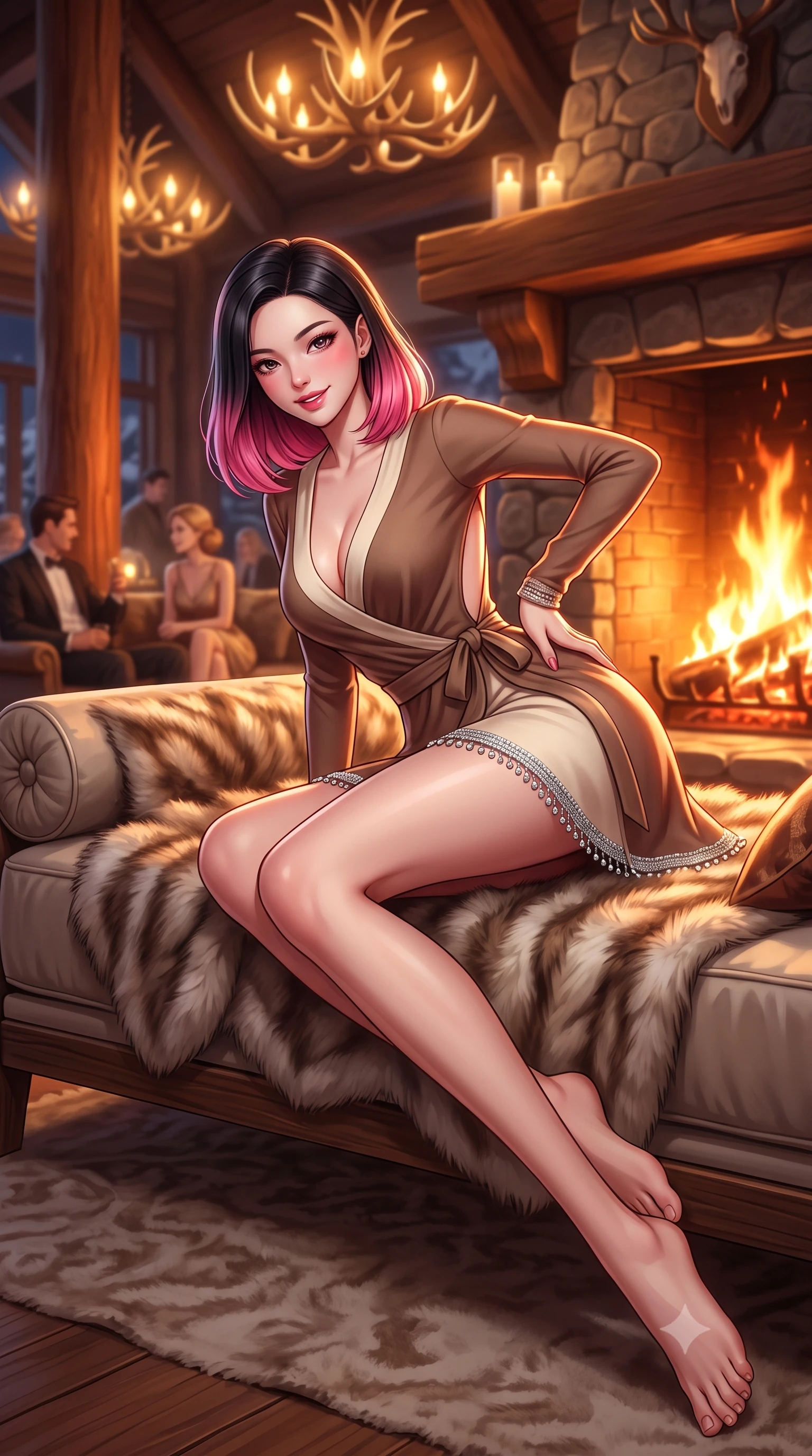 score_9, masterpiece, best quality, ultra-detailed, high-budget anime keyframe, semi-realistic 3D game render, editorial fashion photography, tasteful artistic composition, Korean woman. low angle full-body shot from head to toe showing her feet, filling the entire 9:16 vertical frame with her statuesque presence, stretching her vertical silhouette. reclining languidly on her side across the fur-draped daybed with one knee drawn up, her radiant smile and arched hip curve commanding the 9:16 vertical frame with youthful sensual charisma while standing poised beside the massive cedar beam pillar with hips cocked back, looking into the lens with a teasing half-smile as flames illuminate her curves. The composition keeps background elements in soft focus with dreamy creamy bokeh. roaring orange fireplace embers and glowing antler chandeliers softened in opulent Rocky Mountain shallow focus. She has an exceptionally tall and slender model-like 8.5-heads proportion, an ultra-slim waist, a flat toned midriff, narrow delicate ribcage, and beautifully sculpted feminine hips creating a graceful, slim hourglass silhouette without any bulky heaviness, with impossibly long slender legs. sharp v-shaped jawline, high-bridge nose, sparkling ice-crystal eyes with depth, frosty thick lashes, glossy parted lips with a rosy berry sheen, bright playful smile with an intoxicating seductive glint, rosy flushed cheeks radiating cozy warmth and dangerous allure, flawlessly proportioned anatomical accuracy, strict slender model proportions, natural body alignment, perfectly sculpted long slender limbs, ultra-slim waistline, clean dynamic posture without body distortion. wearing a deep V-neck cashmere wrap mini dress with a tie-waist accentuating her flat midriff and hips in warm mocha brown and vanilla cream, tailored from crisp technical ski fabric with clean aerodynamic lines, finished with delicate silver beaded trim along the hem that glitters like frost, the precision-cut side openings and low-back scoop framing her graceful spine and the sensual sweep of her slim, toned hips. bathed in dynamic, dancing amber and orange firelight from the monumental hearth. highly saturated vibrant anime colors, detailed shading with soft gradients, rich glossy textures, high-contrast stereoscopic depth, volumetric dynamic lighting, master piece, 9:16 ratio
