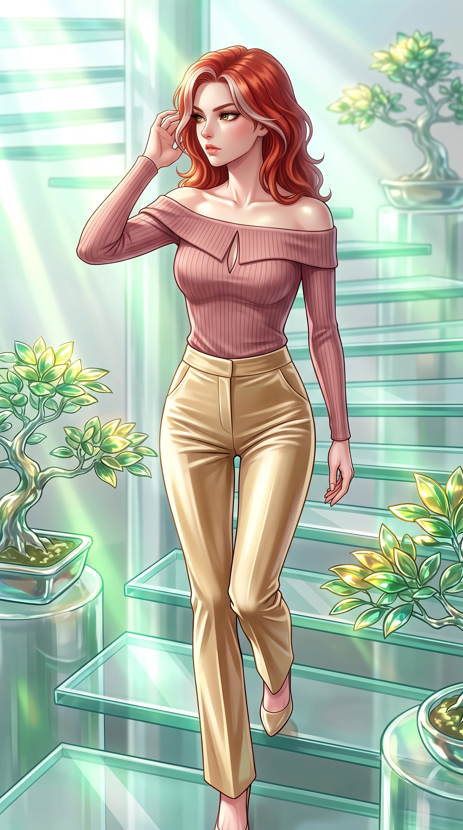 score_9, masterpiece, best quality, ultra-detailed, high-budget anime keyframe, editorial fashion photography, tasteful artistic composition, Caucasian woman. close-up cowboy shot from the waist and thighs up, the character dominates the composition, filling the frame with her large presence, background elements kept in soft focus. Resting her fingers gracefully near her temple, casting a sharp mysterious side-gaze during her stride while stepping along a vertical glass staircase enveloped by tropical volumetric sunbeams, translucent glass bonsai leaves reflecting vibrant emerald and gold sunbursts. She has an exceptionally elegant, slender, and willowy female figure with an ultra-slim waist, a gracefully sculpted slender torso, and a refined silhouette. sharp v-shaped jawline, high-bridge nose, intricate jewel-like eyes with depth, thick eyelashes, glossy lips with a natural sheen, flawlessly proportioned anatomical accuracy, natural body alignment, perfectly sculpted elegant limbs, clean dynamic posture without body distortion. wearing a sleek off-shoulder ribbed knit top paired with high-waist tailored pants in dusty rose and champagne gold, made of premium stretch velvet with a rich sheen, accented with a Tasteful chest slit framing her clavicle gracefully, the elegant draped fit framing her graceful clavicle and slender torso. surrounded by a bright, airy ambiance with radiant white and green highlights. highly saturated vibrant anime colors, detailed shading with soft gradients, rich glossy textures, high-contrast stereoscopic depth, volumetric dynamic lighting, master piece, 9:16 ratio