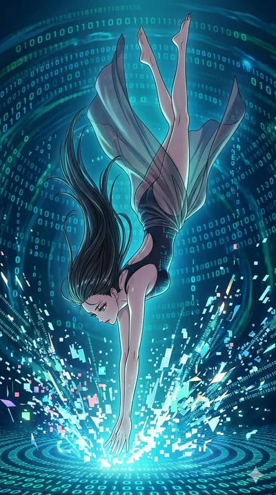 score_9, masterpiece, best quality, ultra-detailed, high-budget anime movie keyframe, cinematic anime lighting, intricate line art, Japanese anime girl. Mid-air action shot capturing a graceful twist and vertical silhouette. diving into a digital oce