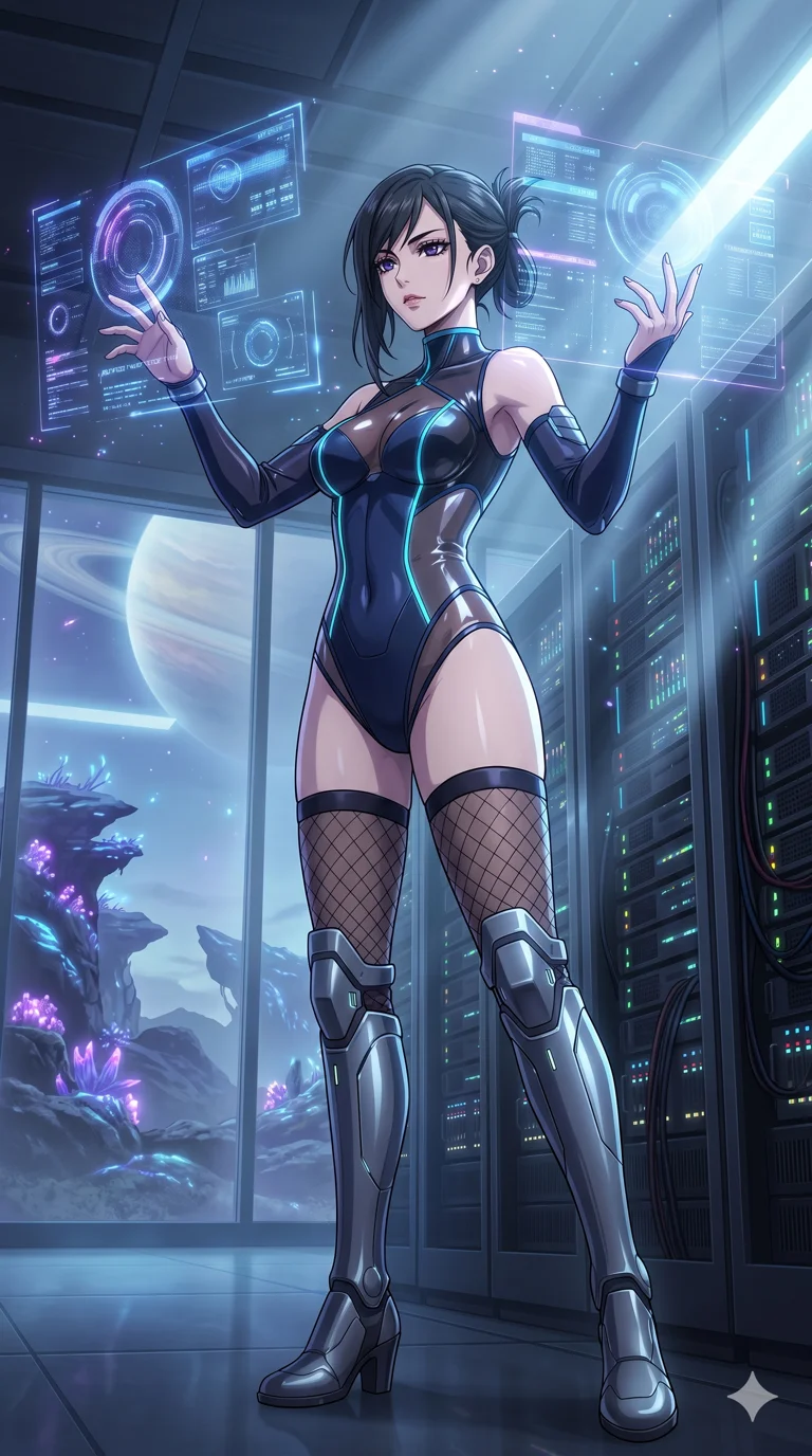 score_9, masterpiece, best quality, ultra-detailed, High-budget Anime Keyframe, vibrant colors, fluid line-art, expressive lighting, cinematic composition, Ufotable-style visual effects, top-tier animation quality, Japanese woman with delicate and elegant anime-inspired features. Dynamic full-body shot stretching the vertical silhouette, capturing her from a powerful low-angle perspective. Commanding a massive fleet of holographic drones within a high-security data center, her fingers dancing across invisible interfaces. She has an absolutely perfect 8-heads proportion, an exceptionally tall and slender female figure with impossibly long slender legs and an ultra-slim waist, her statuesque height and towering silhouette dominating the vertical 9:16 frame. Her face is a masterpiece featuring a sharp v-shaped jawline, high-bridge nose, intricate jewel-like eyes with depth, thick eyelashes, and glossy lips with a natural sheen. She is wearing a Asymmetrical high-cut tech-bodysuit with detached sleeves and glowing fiber-optic seams crafted from Transparent PVC with a high-gloss finish that reveals the intricate layers beneath, accompanied by sensual fishnet stockings and thigh-high metallic boots. The scene is set in a mysterious alien planet with bioluminescent purple flora and a giant ringed planet in the sky, illuminated by volumetric light beams cutting through a hazy atmosphere, creating a sense of depth. 2k, ultra detail, master piece, 9:16 ratio