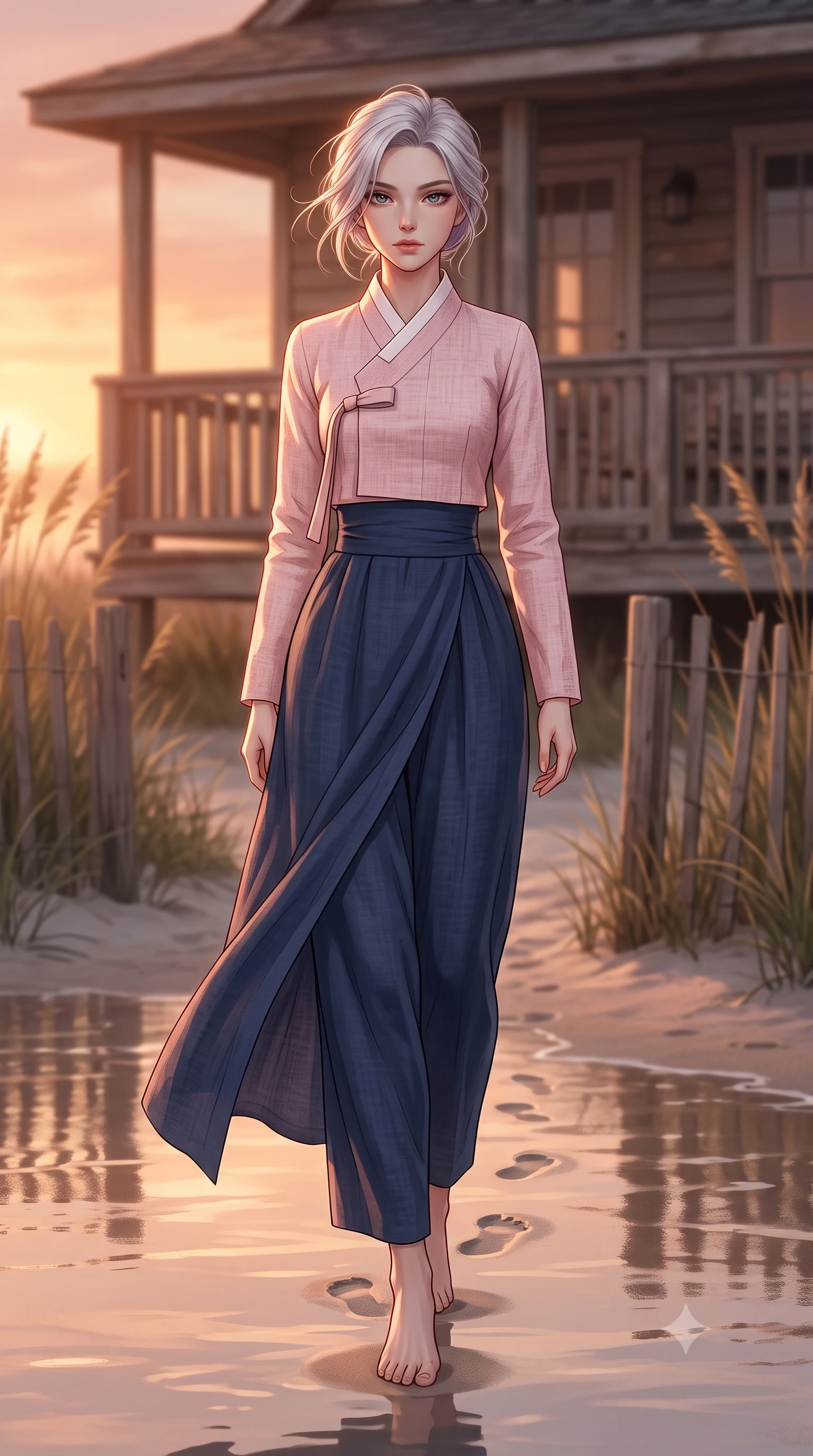 score_9, masterpiece, best quality, ultra-detailed, high-budget anime keyframe, editorial fashion photography, tasteful artistic composition, Caucasian woman woman. low angle full-body shot from head to toe showing her feet, filling the entire 9:16 vertical frame with her statuesque presence, stretching her vertical silhouette. walking slowly along the shoreline, leaving footprints in the wet sand the background shows a soft-focus a cozy wooden deck of a beachside cottage, surrounded by beachgrass and wooden fences. She has an absolutely perfect, statuesque 8.5-heads proportion, an exceptionally tall and slender model-like female figure with impossibly long slender legs and an ultra-slim waist. sharp v-shaped jawline, high-bridge nose, intricate jewel-like eyes with depth, thick eyelashes, glossy lips with a natural sheen. wearing a tailored modern fusion hanbok outfit with a light pink linen jeogori and high-waisted wrap pants. warm sunset light casting a peaceful, cozy orange wash on her figure. 2k, ultra detail, master piece, 9:16 ratio