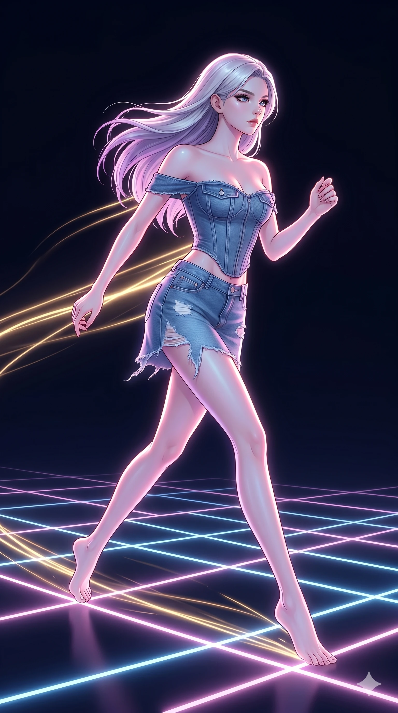 score_9, masterpiece, best quality, ultra-detailed, high-budget anime keyframe, editorial fashion photography, tasteful artistic composition, Caucasian woman, strictly human ears. low angle full-body shot from head to toe showing her feet, filling the entire 9:16 vertical frame with her statuesque presence, stretching her vertical silhouette. dashing past on a grid of neon laser beams suspended in a dark, empty abyss as trails of golden light follow her dynamic movement. She has an absolutely perfect 8-heads proportion, an exceptionally tall and slender female figure with impossibly long slender legs and an ultra-slim waist. V-shaped jawline, high-bridge nose, intricate jewel-like eyes with depth, thick eyelashes, glossy lips with a natural sheen.. wearing a deconstructed denim corset and an asymmetric ripped denim structured mini-skirt, showcasing a rugged yet chic off-shoulder style. enhanced by a luminous pastel spectrum glow, casting elegant rim lights on her shoulders and jawline. 2k, ultra detail, master piece, 9:16 ratio