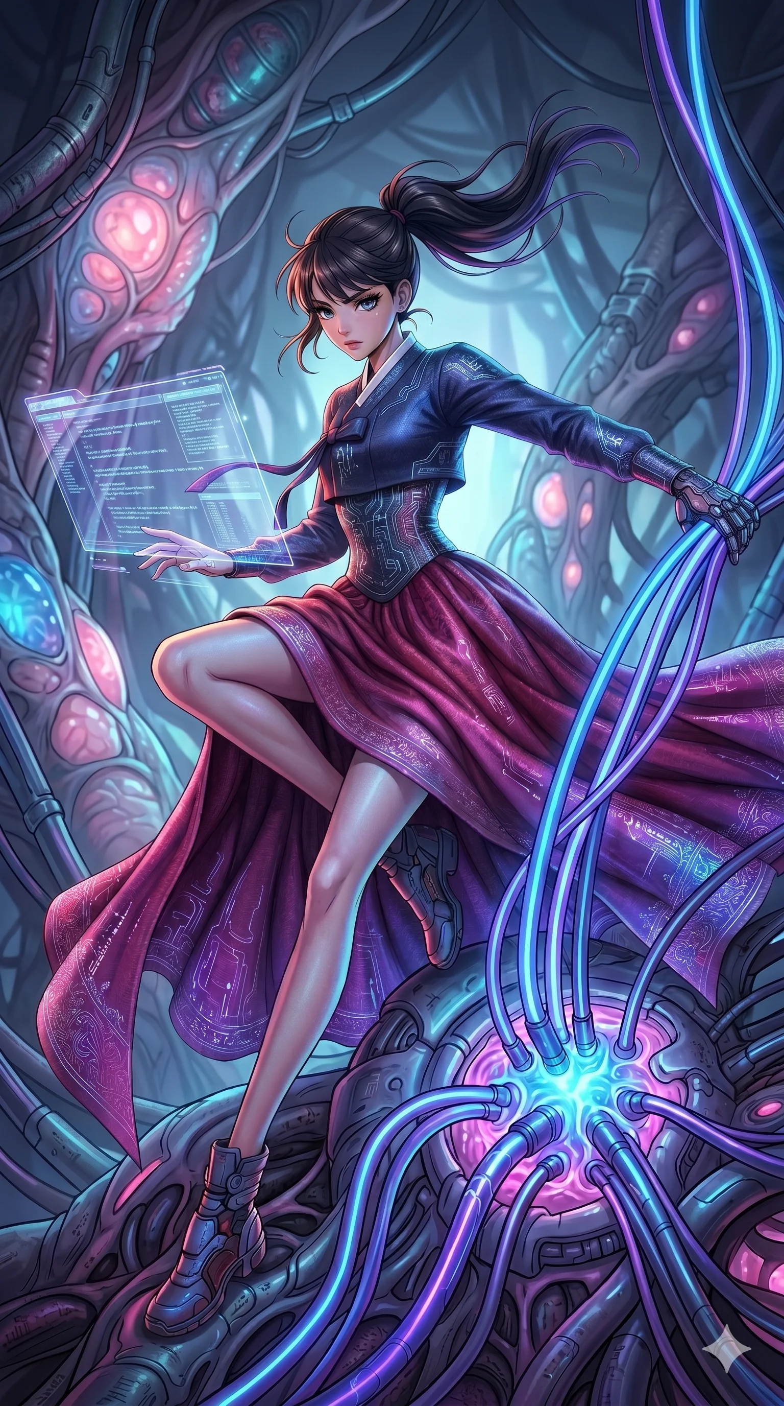 score_9, masterpiece, best quality, ultra-detailed, photorealistic 8k CG, hyper-detailed textures, ray-tracing, Korean woman. Low angle cowboy shot capturing a powerful motion and statuesque presence. hacking into a bio-organic mainframe with glowing data-cables. She has an graceful and slender female figure with elegant proportions. strictly human anatomy, two legs only, no extra limbs, clearly defined legs and arms, well-defined anatomy, perfect hands and fingers. sharp v-shaped jawline, high-bridge nose, intricate jewel-like eyes, thick eyelashes, glossy lips. Wearing Modern Traditional: Modernized cyber-hanbok with elegant silk robes and holographic accents. The scene is illuminated by dramatic atmospheric lighting and vibrant color palettes. , 2k, ultra detail, master piece, 9:16 ratio