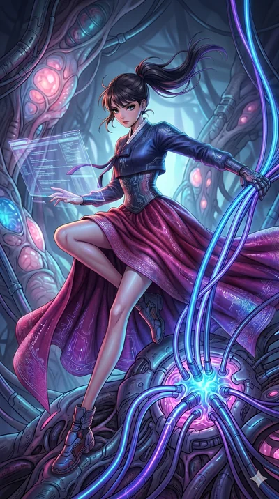 score_9, masterpiece, best quality, ultra-detailed, photorealistic 8k CG, hyper-detailed textures, ray-tracing, Korean woman. Low angle cowboy shot capturing a powerful motion and statuesque presence. hacking into a bio-organic mainframe with glowing