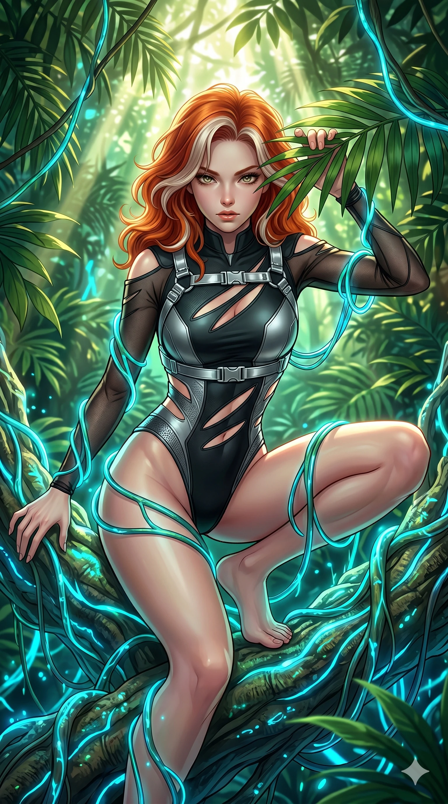 score_9, masterpiece, best quality, ultra-detailed, high-budget anime keyframe, editorial fashion photography, tasteful artistic composition, Caucasian woman, strictly human ears. Upper body close-up from the thighs up, character filling the screen for maximum presence. She is crouching dynamically on a massive bioluminescent jungle root, wrapped in glowing vines. She leans close to the camera, looking through the foliage with a piercing, animalistic gaze. She has an absolutely perfect 8-heads proportion, an exceptionally tall and slender female figure with impossibly long slender legs and an ultra-slim waist. V-shaped jawline, high-bridge nose, intricate jewel-like eyes with depth, thick eyelashes, glossy lips with a natural sheen. She is wearing an ultra-sleek high-cut tech-bodysuit featuring dangerous diagonal slitted cutouts on the midriff and shoulders, reinforced by a metallic silver harness and sheer mesh sleeves. The scene is bathed in bright sunbeams filtering through a dense canopy and glowing cyan ambient forest light. 2k, ultra detail, master piece, 9:16 ratio