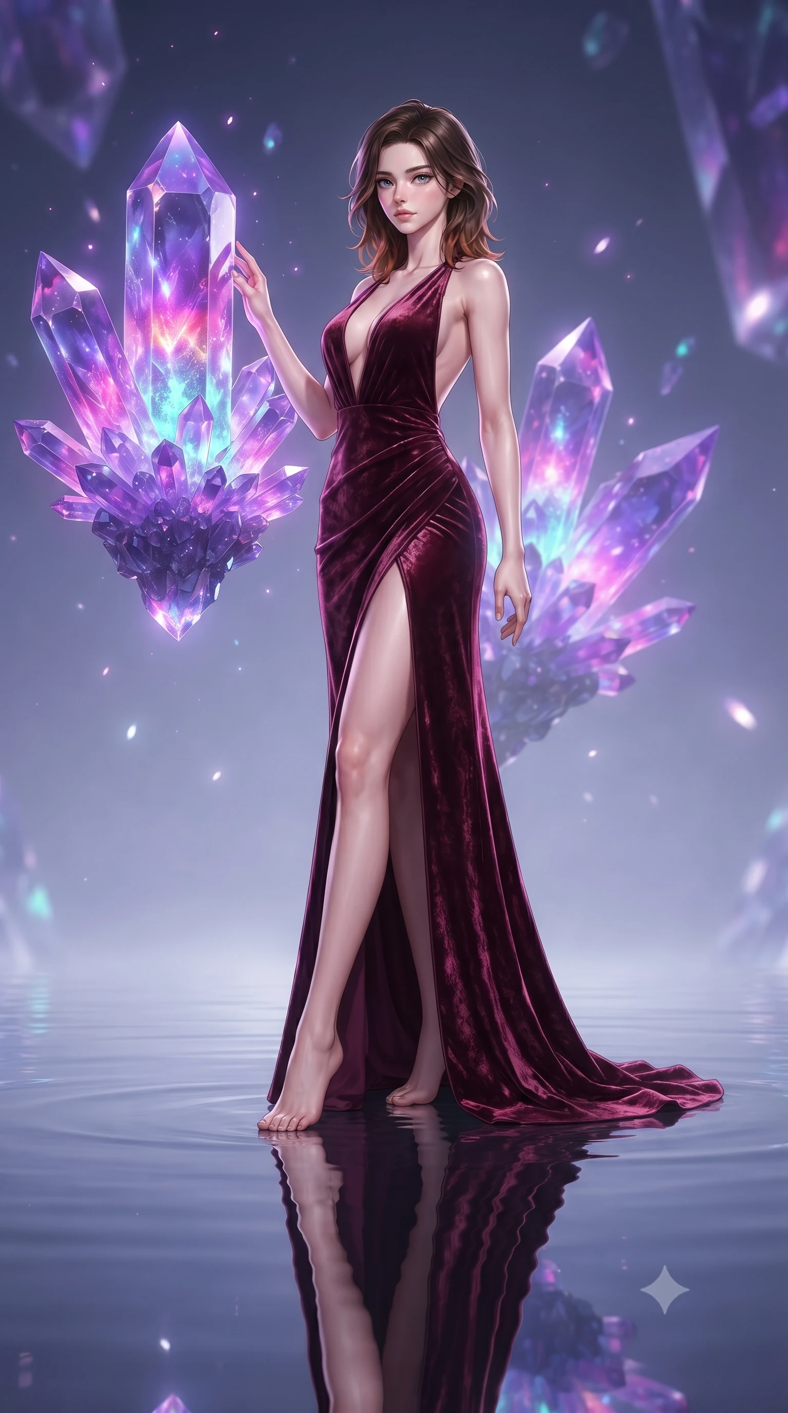 score_9, masterpiece, best quality, ultra-detailed, high-budget anime keyframe, editorial fashion photography, tasteful artistic composition, Korean woman. low angle full-body shot from head to toe showing her feet, filling the entire 9:16 vertical frame with her statuesque presence, stretching her vertical silhouette. interacting gracefully with the magical floating elements while maintaining a confident posture touching a giant floating violet crystal cluster emitting pulsing energy, still mirror-like water below reflecting her statuesque figure flawlessly. She has an absolutely perfect, statuesque 8.5-heads proportion, an exceptionally tall and slender model-like female figure with impossibly long slender legs and an ultra-slim waist. sharp v-shaped jawline, high-bridge nose, intricate jewel-like eyes with depth, thick eyelashes, glossy lips with a natural sheen. wearing a backless crushed velvet gown with a deep plunging V-neckline and a high thigh slit, the glove-like fit emphasizing her statuesque silhouette. illuminated by radiant purple, magenta, and cyan crystal inner glow. ultra-reflective glossy finish, specular highlights, metallic sheen, high-contrast stereoscopic depth, volumetric dynamic lighting, 2k, ultra detail, master piece, 9:16 ratio