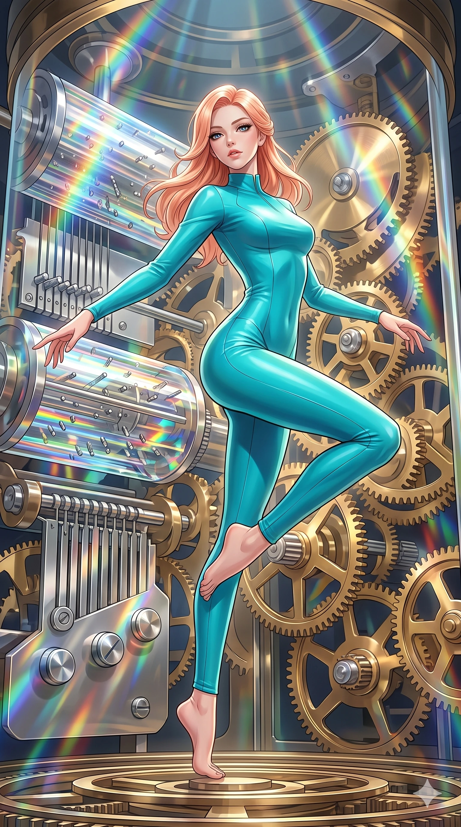 score_9, masterpiece, best quality, ultra-detailed, high-budget anime keyframe, editorial fashion photography, tasteful artistic composition, Japanese woman. low angle full-body shot from head to toe showing her feet, filling the entire 9:16 vertical frame with her statuesque presence, stretching her vertical silhouette. twirling with balletic elegance inside inside a giant music box mechanism with rotating crystal cylinders silver pins plucking ethereal melodies and delicate clockwork gears of polished brass turning in perfect synchronization. She has a statuesque 8.5-heads proportion, an exceptionally tall, slender and willowy model-like build with impossibly long legs and a highly sculpted ultra-slim waist. sharp v-shaped jawline, high-bridge nose, intricate jewel-like eyes with depth, thick eyelashes, glossy lips with a natural sheen. wearing a precision-tailored catsuit in a vibrant turquoise stretch fabric, featuring long sleeves and a high collar that highlights her slender neck. sparkling prismatic light refracting through the rotating crystal cylinders casting rainbow patterns that sweep across the space in rhythm with the melody. 2k, ultra detail, master piece, 9:16 ratio