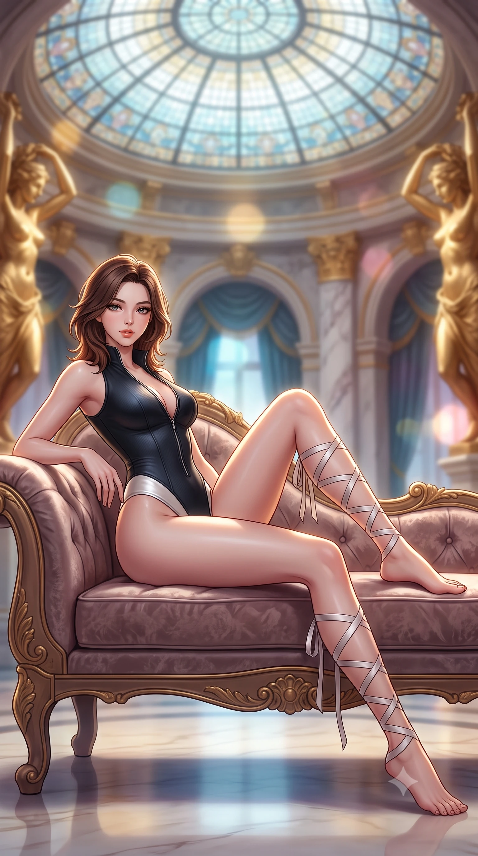 score_9, masterpiece, best quality, ultra-detailed, high-budget anime keyframe, semi-realistic 3D game render, editorial fashion photography, tasteful artistic composition, Korean woman. low angle full-body shot from head to toe showing her feet, filling the entire 9:16 vertical frame with her statuesque presence, stretching her vertical silhouette. reclining gracefully across the plush chaise lounge with one leg extended, her sculpted silhouette and flat midriff radiating magnetic nocturnal glamour while twisting her slender torso in an alluring contrapposto stance, shimmering ceiling mosaic tiles mirroring her narrow waist and rounded hips. The background shows a soft-focus circular glass mosaic ceiling dome, gilded sculptured figures, and marble arches blurred into gold, azure, and rose-quartz bokeh. She has an absolutely perfect, statuesque 8.5-heads proportion, an exceptionally tall and slender model-like female figure with impossibly long slender legs, an ultra-slim waist, a flat toned midriff, narrow delicate ribcage, and beautifully sculpted feminine hips creating a graceful, slim hourglass silhouette without any bulky heaviness. sharp v-shaped jawline, high-bridge nose, sparkling eyes with hypnotic seductive depth, thick curled eyelashes, glossy parted lips with a natural dewy peach sheen, alluring bedroom-eyes with an enchanting coquettish smile, exuding magnetic siren charisma and sophisticated glamour, flawlessly proportioned anatomical accuracy, strict slender model proportions, natural body alignment, perfectly sculpted long slender limbs, ultra-slim waistline, clean dynamic posture without body distortion. wearing a form-contouring liquid-tight matte-black tactical bodysuit with a plunging front zipper and high-cut leg openings in pure pearl alabaster with liquid platinum sheen, tailored from fine ribbed modal knit with gentle elastic contouring and soft hand-feel, finished with delicate satin ballet ribbon ties criss-crossing up her slender calves to the knee, the glove-like clinging cut tightly following the natural contour of her hips and long slender legs with youthful 8.5-heads elegance. illuminated by polished floor bounce and sharp warm-gold rim lights sculpting her jawline, narrow waist, and curvy hips. highly saturated vibrant anime colors, detailed shading with soft gradients, rich glossy textures, high-contrast stereoscopic depth, volumetric dynamic lighting, master piece, 9:16 ratio