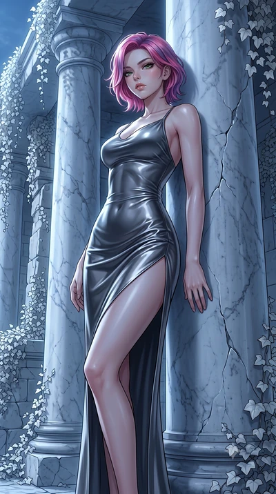 score_9, masterpiece, best quality, ultra-detailed, High-budget Anime Keyframe, Caucasian woman, strictly human ears. Low angle cowboy shot filling the entire 9:16 frame with her statuesque presence. Scenario 289: leaning against a cold marble pillar