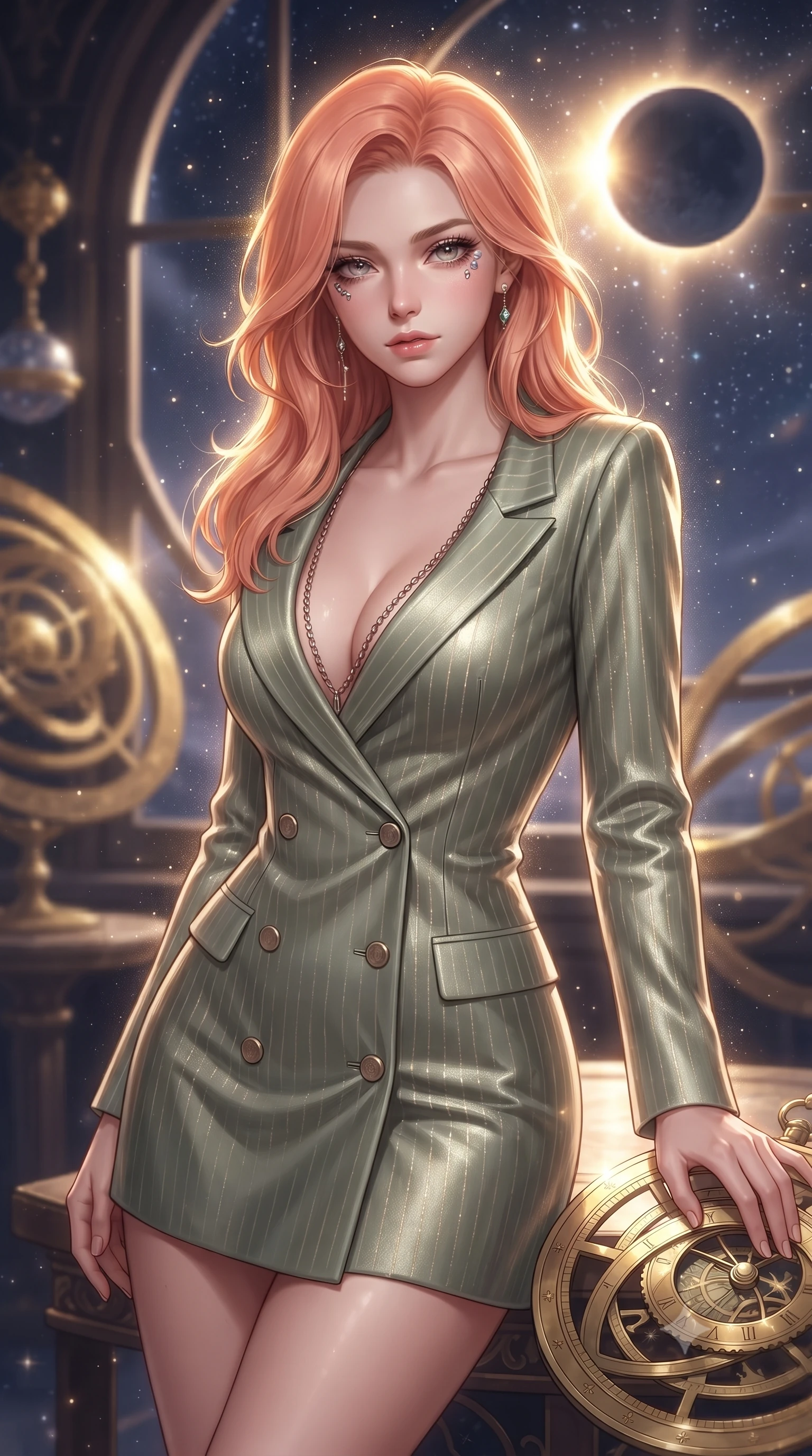 score_9, masterpiece, best quality, ultra-detailed, high-budget anime keyframe, editorial fashion photography, tasteful artistic composition, Japanese woman. close-up cowboy shot from the waist and thighs up, the character dominates the composition, filling the frame with her large presence, background elements kept in soft focus. Leaning slightly forward with a composed, seductive gaze under soft glowing light inside a floating cosmic observatory with golden astrolabe rings, a cosmic eclipse casting brilliant golden rim highlights. She has an exceptionally elegant, slender, and willowy female figure with an ultra-slim waist, a gracefully sculpted slender torso, and a refined silhouette. sharp v-shaped jawline, high-bridge nose, intricate jewel-like eyes with depth, thick eyelashes, glossy lips with a natural sheen. wearing a double-breasted blazer dress with metallic pin-stripes in sage green and oatmeal, made of premium stretch velvet with a rich sheen, adorned with delicate metallic chain straps along the neckline, the glove-like fit emphasizing her statuesque silhouette. surrounded by a glowing aura of starlight and shimmering celestial rays. highly saturated vibrant anime colors, detailed shading with soft gradients, rich glossy textures, high-contrast stereoscopic depth, volumetric dynamic lighting, master piece, 9:16 ratio