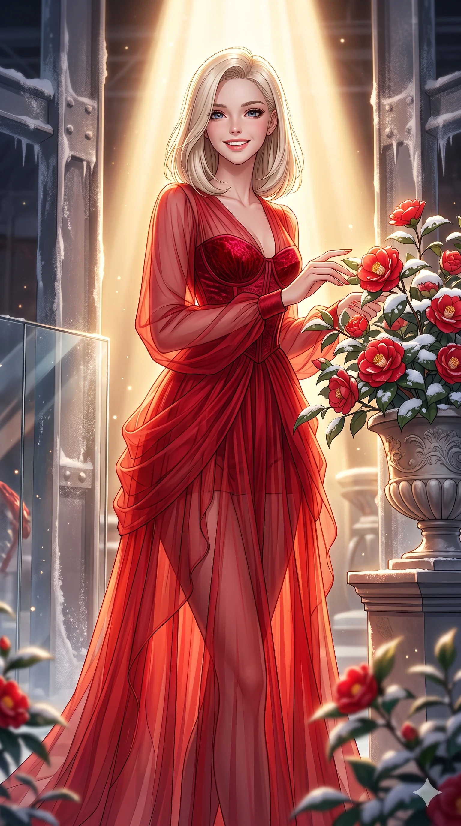 score_9, masterpiece, best quality, ultra-detailed, high-budget anime keyframe, vibrant anime aesthetic, Caucasian woman, strictly human ears. cowboy shot from the thighs up, character and outfit filling the frame for maximum presence. She is standing by a camellia pot, smiling brightly while reaching out a hand in winter inside a high-fashion set with warm spotlight beams (Code-P21-154). She has an absolutely perfect 8-heads proportion, an exceptionally tall and slender female figure with impossibly long slender legs and an ultra-slim waist. V-shaped jawline, high-bridge nose, intricate jewel-like eyes with depth, thick eyelashes, glossy lips with a natural sheen. wearing a sheer chiffon dress with a red corset bodice in winter. She is intense warm winter rim lights, outlining her 8-heads proportion and V-shaped jawline. 2k, ultra detail, master piece, 9:16 ratio