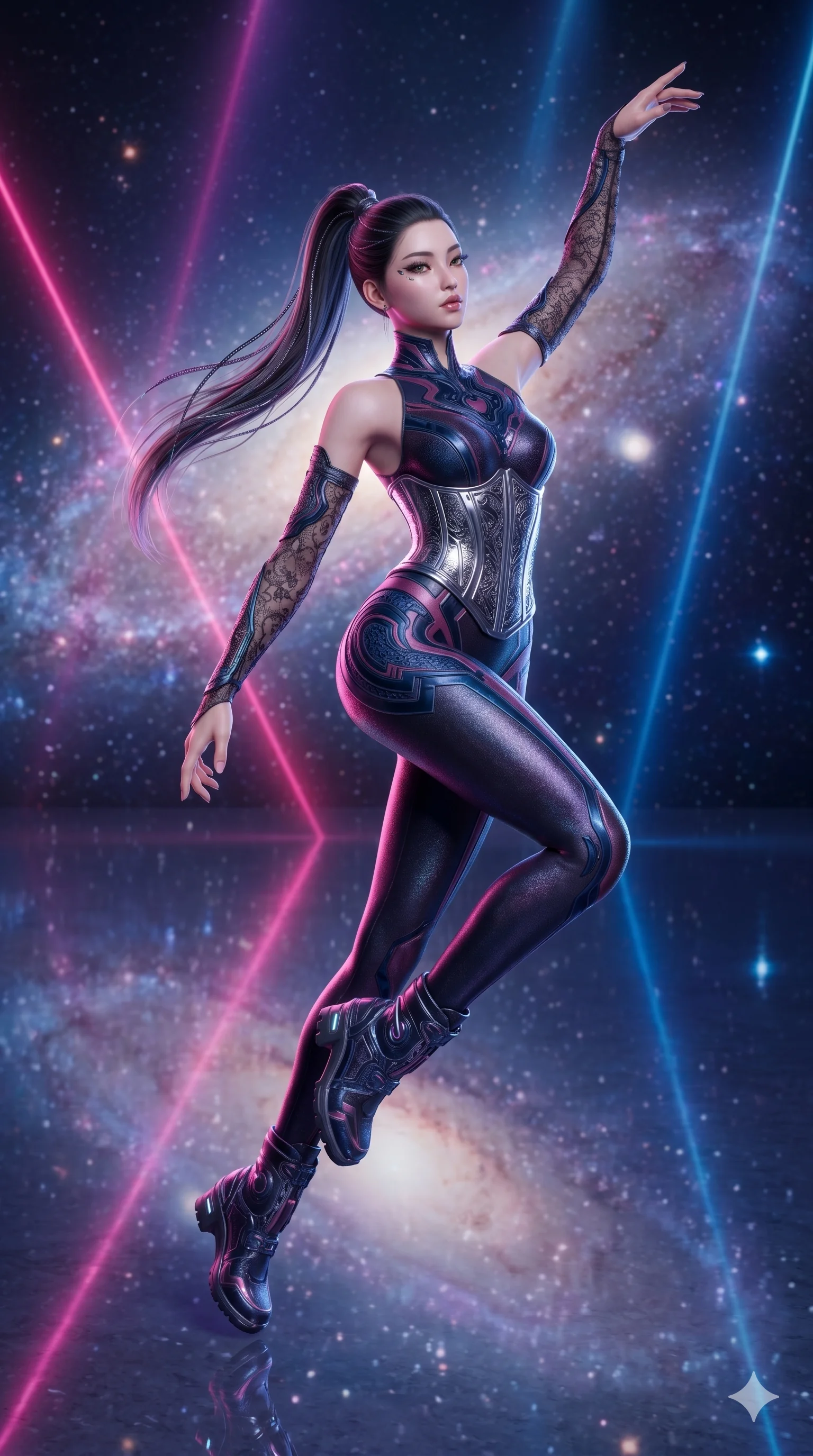 score_9, masterpiece, best quality, ultra-detailed, semi-realistic 3D game render, high-fidelity textures, Unreal Engine 5 style, Korean woman. Mid-air action shot capturing a graceful twist and vertical silhouette. standing on a salt flat that perfectly reflects the universe. She has an absolutely perfect 8-heads proportion, an exceptionally tall and slender female figure with graceful and slender proportions. strictly human anatomy, two legs only, no extra limbs, clearly defined legs and arms, perfect anatomy, perfect hands and fingers. sharp v-shaped jawline, high-bridge nose, intricate jewel-like eyes, thick eyelashes, glossy lips. Wearing Cyber-Tech Legacy: Asymmetrical sleek tech-bodysuit with detached sleeves and chrome-plated corset over sheer lace. The scene is illuminated by dramatic atmospheric lighting and vibrant color palettes. , 2k, ultra detail, master piece, 9:16 ratio