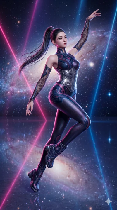 score_9, masterpiece, best quality, ultra-detailed, semi-realistic 3D game render, high-fidelity textures, Unreal Engine 5 style, Korean woman. Mid-air action shot capturing a graceful twist and vertical silhouette. standing on a salt flat that perfe