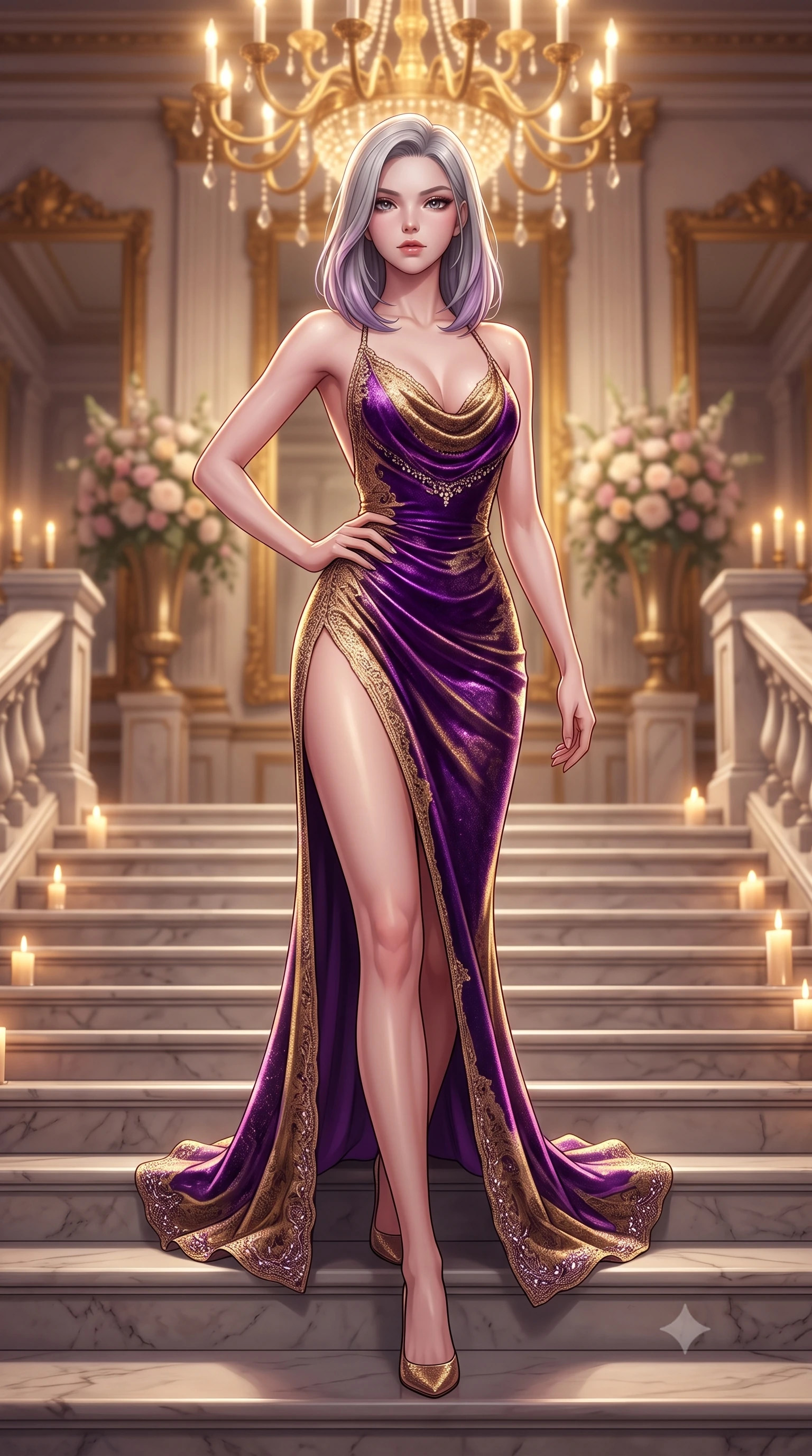 score_9, masterpiece, best quality, ultra-detailed, high-budget anime keyframe, semi-realistic 3D game render, editorial fashion photography, tasteful artistic composition, Caucasian woman. low angle full-body shot from head to toe showing her feet, filling the entire 9:16 vertical frame with her statuesque presence, stretching her vertical silhouette. standing poised with one hip cocked in an alluring high-fashion pose, her tall 8.5-heads proportions dominating the scene while descending a sweeping imperial marble staircase with regal supermodel grace and fluid momentum. The composition keeps background elements in soft focus with creamy bokeh. gilded mirror reflections and towering floral centerpieces softened in glamorous shallow focus. She has an absolutely perfect, statuesque 8.5-heads proportion, an exceptionally tall and slender model-like female figure with impossibly long slender legs, a toned flat midriff, and an ultra-slim waist. sharp v-shaped jawline, high-bridge nose, intricate jewel-like eyes with depth, thick eyelashes, glossy lips with a natural sheen, captivating and magnetic expression, flawlessly proportioned anatomical accuracy, strict slender model proportions, natural body alignment, perfectly sculpted long slender limbs, ultra-slim waistline, clean dynamic posture without body distortion. wearing an opulent backless cowl-neck evening gown with a high-cut thigh slit and draped waistline in imperial purple velvet and antique gold, formed from shimmering French lace over smooth silk lining, finished with delicate crystal embroidery along the neckline and hem, the glove-like aerodynamic second-skin fit tightly clinging to her ultra-slender waist and athletic curves without adding bulk, accentuating her razor-sharp statuesque lines and slim hourglass silhouette. bathed in warm glowing candlelight and radiant gold chandelier downlights. highly saturated vibrant anime colors, detailed shading with soft gradients, rich glossy textures, high-contrast stereoscopic depth, volumetric dynamic lighting, master piece, 9:16 ratio
