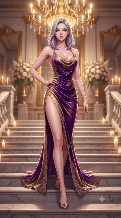 score_9, masterpiece, best quality, ultra-detailed, high-budget anime keyframe, semi-realistic 3D game render, editorial fashion photography, tasteful artistic composition, Caucasian woman. low angle full-body shot from head to toe showing her feet, 