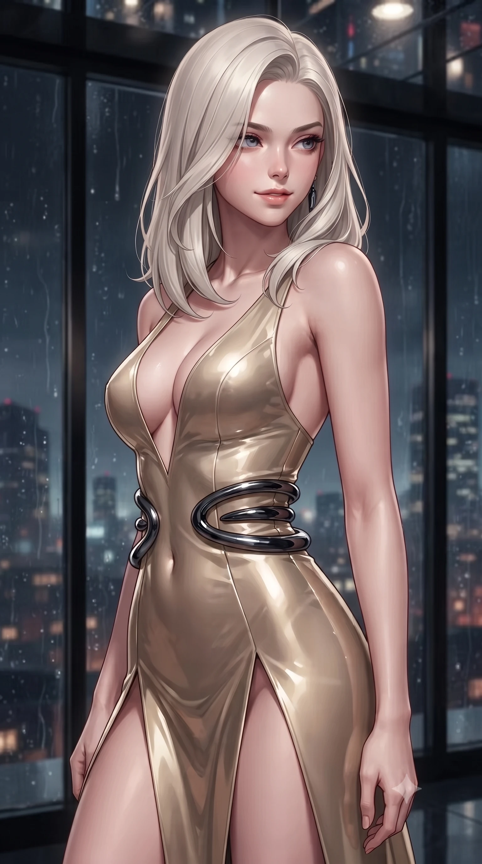 score_9, masterpiece, best quality, ultra-detailed, high-budget anime keyframe, editorial fashion photography, tasteful artistic composition, Caucasian woman. close-up cowboy shot from the waist and thighs up, the character dominates the composition, filling the frame with her large presence, background elements kept in soft focus. Glancing sidelong over her shoulder with a smoldering, enigmatic half-smile, glancing sidelong over her shoulder with an enigmatic, smoldering expression, rain streaks on glass windows distorting distant city skyline lights into bokeh. She has an exceptionally elegant, slender, and willowy female figure with an ultra-slim waist, a gracefully sculpted slender torso, and a refined silhouette. sharp v-shaped jawline, high-bridge nose, intricate jewel-like eyes with depth, thick eyelashes, glossy lips with a natural sheen. wearing low-cut gothic structured bodice gown with high leg slit in champagne gold, made of high-gloss liquid vinyl, accented with sculpted obsidian chrome rings at the waist, accentuating her gracefully sculpted slender torso. bathed in high-contrast specular reflections from mirror ceilings. highly saturated vibrant anime colors, detailed shading with soft gradients, rich glossy textures, high-contrast stereoscopic depth, volumetric dynamic lighting, master piece, 9:16 ratio
