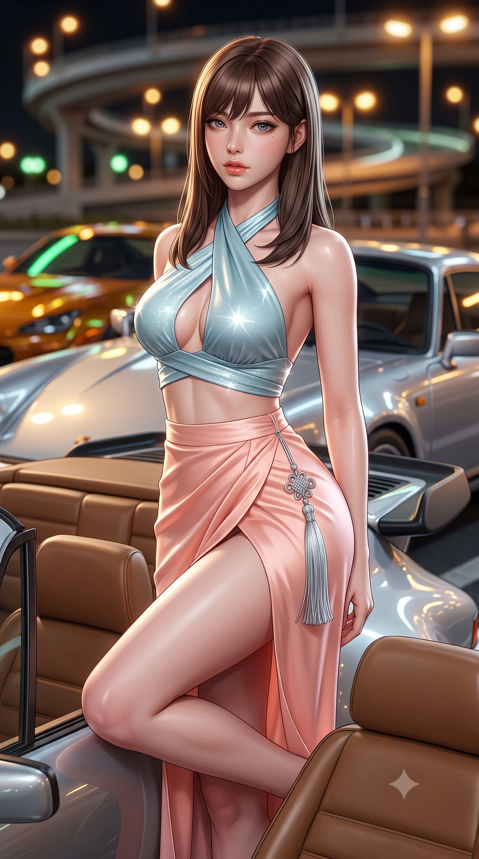 score_9, masterpiece, best quality, ultra-detailed, high-budget anime keyframe, semi-realistic 3D game render, editorial fashion photography, tasteful artistic composition, Korean woman. close-up cowboy shot from the waist and thighs up, the character dominates the composition, filling the frame with her large presence. perched sideways on the lounge seat, one knee drawn up to showcase her slender leg line while her arched back accentuates her feminine hip curve while leaning against the sleek rear spoiler of a customized vintage sports car with hips cocked back, casting a daring bedroom-gaze. The background shows a soft-focus gleaming sports car hoods, spiral overpass expressway ramps, and sodium parking lamps blurred into molten amber, neon green, and silver bokeh. She has an exceptionally elegant, slender, and willowy female figure with an ultra-slim waist, flat toned midriff, narrow ribcage, and sculpted feminine hips creating an alluring, slim hourglass silhouette without bulk. sharp v-shaped jawline, high-bridge nose, sparkling eyes with hypnotic seductive depth, thick curled eyelashes, glossy parted lips with a natural dewy peach sheen, alluring bedroom-eyes with an enchanting coquettish smile, exuding magnetic siren charisma and sophisticated glamour, flawlessly proportioned anatomical accuracy, strict slender model proportions, natural body alignment, perfectly sculpted long slender limbs, ultra-slim waistline, clean dynamic posture without body distortion. wearing a high-waisted silk wrap sarong skirt with a hip-high slit paired with a plunging criss-cross satin halter top in pastel peach blossom and celadon porcelain blue, woven from stretch metallic lurex jersey casting radiant starlight glints across her silhouette, accented with an intricate silver norigae tassel swaying gracefully along her curving hip line, the glove-like clinging cut tightly following the natural contour of her hips and long slender legs with youthful 8.5-heads elegance. illuminated by car hood specular bounce and sharp platinum rim lights sculpting her razor-sharp jawline, flat midriff, and curvaceous hips. highly saturated vibrant anime colors, detailed shading with soft gradients, rich glossy textures, high-contrast stereoscopic depth, volumetric dynamic lighting, master piece, 9:16 ratio