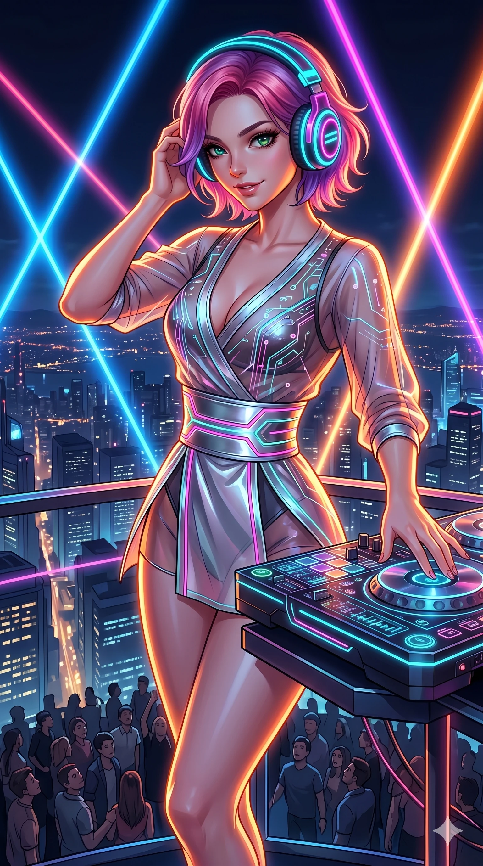 score_9, masterpiece, best quality, ultra-detailed, high-budget anime keyframe, editorial fashion photography, tasteful artistic composition, Caucasian woman, strictly human ears. Upper body close-up from the thighs up, character filling the screen for maximum presence. She is adjusting glowing neon headphones at a futuristic rooftop DJ booth. She sways to the music, glancing down at the crowd below with a confident, mesmerizing smile. She has an absolutely perfect 8-heads proportion, an exceptionally tall and slender female figure with impossibly long slender legs and an ultra-slim waist. V-shaped jawline, high-bridge nose, intricate jewel-like eyes with depth, thick eyelashes, glossy lips with a natural sheen. She is wearing a shortened cyber-fusion wrap top with transparent chiffon panels, a deep crossover neckline, and a high-waisted metallic sash that accentuates her ultra-slim waist. The scene is lit by brilliant neon club laser beams and bright orange key lights tracing her curves. 2k, ultra detail, master piece, 9:16 ratio
