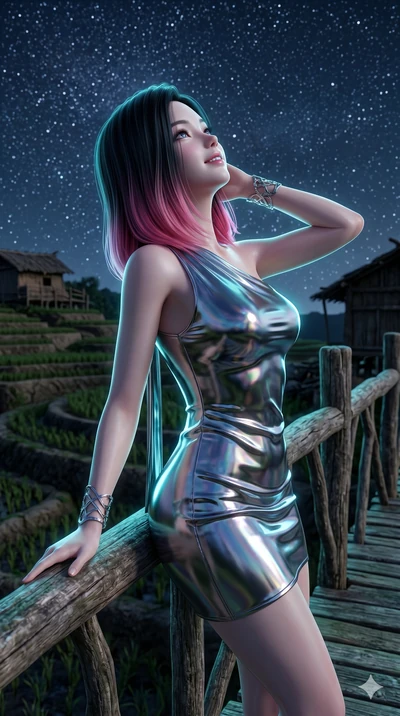 score_9, masterpiece, best quality, ultra-detailed, high-budget anime keyframe, semi-realistic 3D game render, Korean woman. Upper body close-up from the thighs up, character filling the screen for maximum presence. Standing on an organic farm bridge