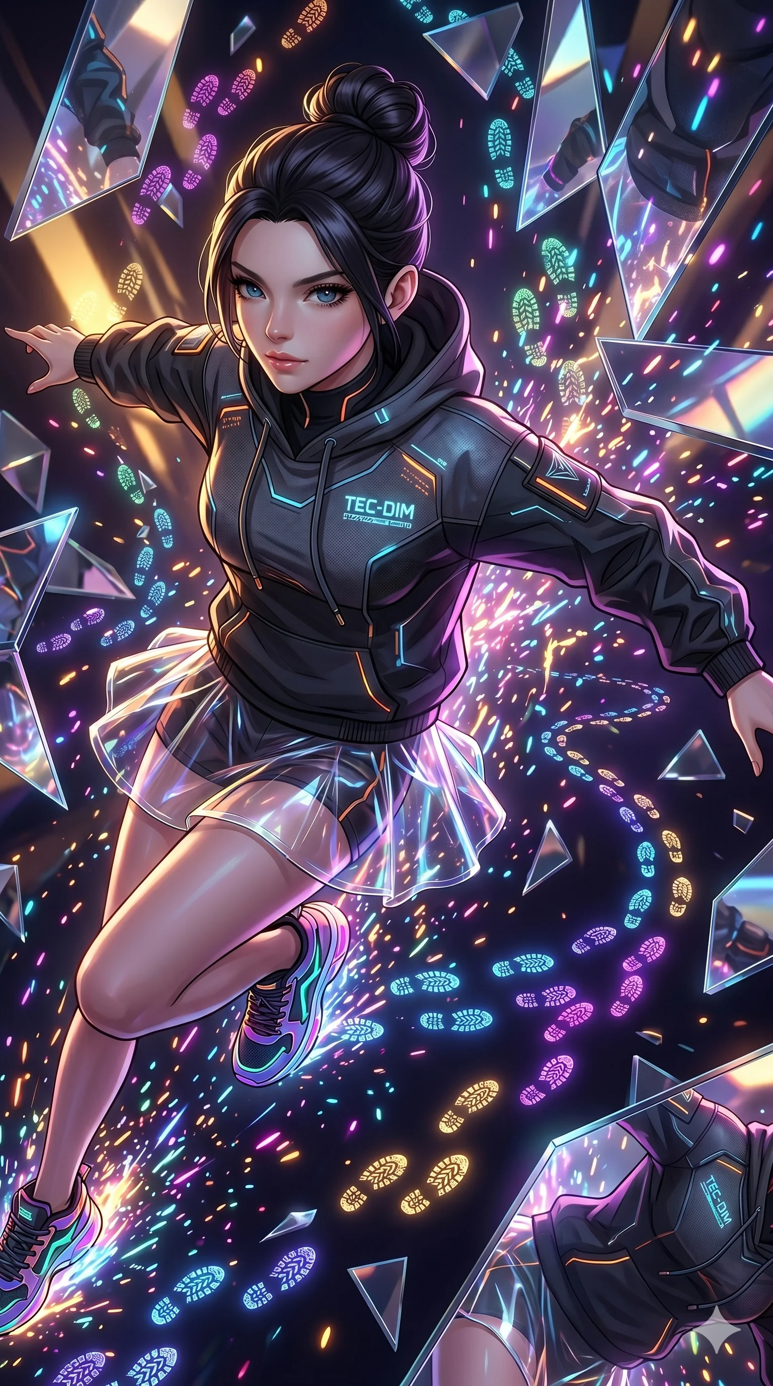 score_9, masterpiece, best quality, ultra-detailed, Set A: High-budget Anime Keyframe, Caucasian (strictly human ears) woman. Upper body close-up from the thighs up, character filling the screen for maximum presence. Sliding through a dimension of floating mirrors, as she leaves a trail of 288 glowing footprints and surrounded by glowing energy sparks. She has an absolutely perfect 8-heads proportion, an exceptionally tall and slender female figure with impossibly long slender legs and an ultra-slim waist. Sharp v-shaped jawline, high-bridge nose, intricate jewel-like eyes with depth, thick eyelashes, glossy lips with a natural sheen. Wearing Streetwear tech-hoodie with a transparent PVC skirt and neon sneakers. Cinematic lighting, vibrant colors, dramatic shadows, 2k, ultra detail, master piece, 9:16 ratio