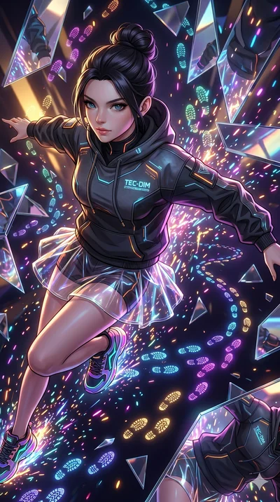 score_9, masterpiece, best quality, ultra-detailed, Set A: High-budget Anime Keyframe, Caucasian (strictly human ears) woman. Upper body close-up from the thighs up, character filling the screen for maximum presence. Sliding through a dimension of fl