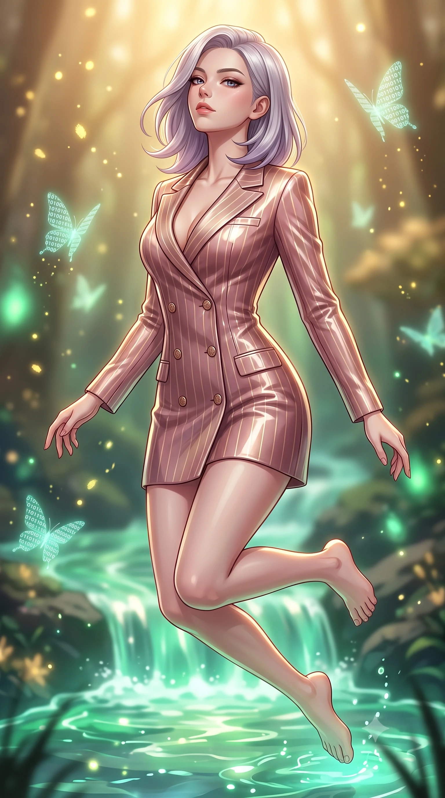 score_9, masterpiece, best quality, ultra-detailed, high-budget anime keyframe, editorial fashion photography, tasteful artistic composition, Caucasian woman. close-up cowboy shot from the waist and thighs up, the character dominates the composition, filling the frame with her large presence, background elements kept in soft focus. Tilting her chin up with an air of effortless superiority while balancing dynamically amidst the scene while leaping gracefully over a hydro-flow crystal stream flowing with emerald liquid light, glowing pollen particles and binary code butterflies drifting around her form. She has an exceptionally elegant, slender, and willowy female figure with an ultra-slim waist, a gracefully sculpted slender torso, and a refined silhouette. sharp v-shaped jawline, high-bridge nose, intricate jewel-like eyes with depth, thick eyelashes, glossy lips with a natural sheen, flawlessly proportioned anatomical accuracy, natural body alignment, perfectly sculpted elegant limbs, clean dynamic posture without body distortion. wearing a double-breasted blazer dress with subtle metallic pin-stripes in dusty rose and champagne gold, tailored from high-gloss patent leather, accented with a Tasteful chest slit framing her clavicle gracefully, the sleek second-skin texture accentuating her magnetic presence. bathed in warm golden sunlight and soft emerald bioluminescent glow. highly saturated vibrant anime colors, detailed shading with soft gradients, rich glossy textures, high-contrast stereoscopic depth, volumetric dynamic lighting, master piece, 9:16 ratio