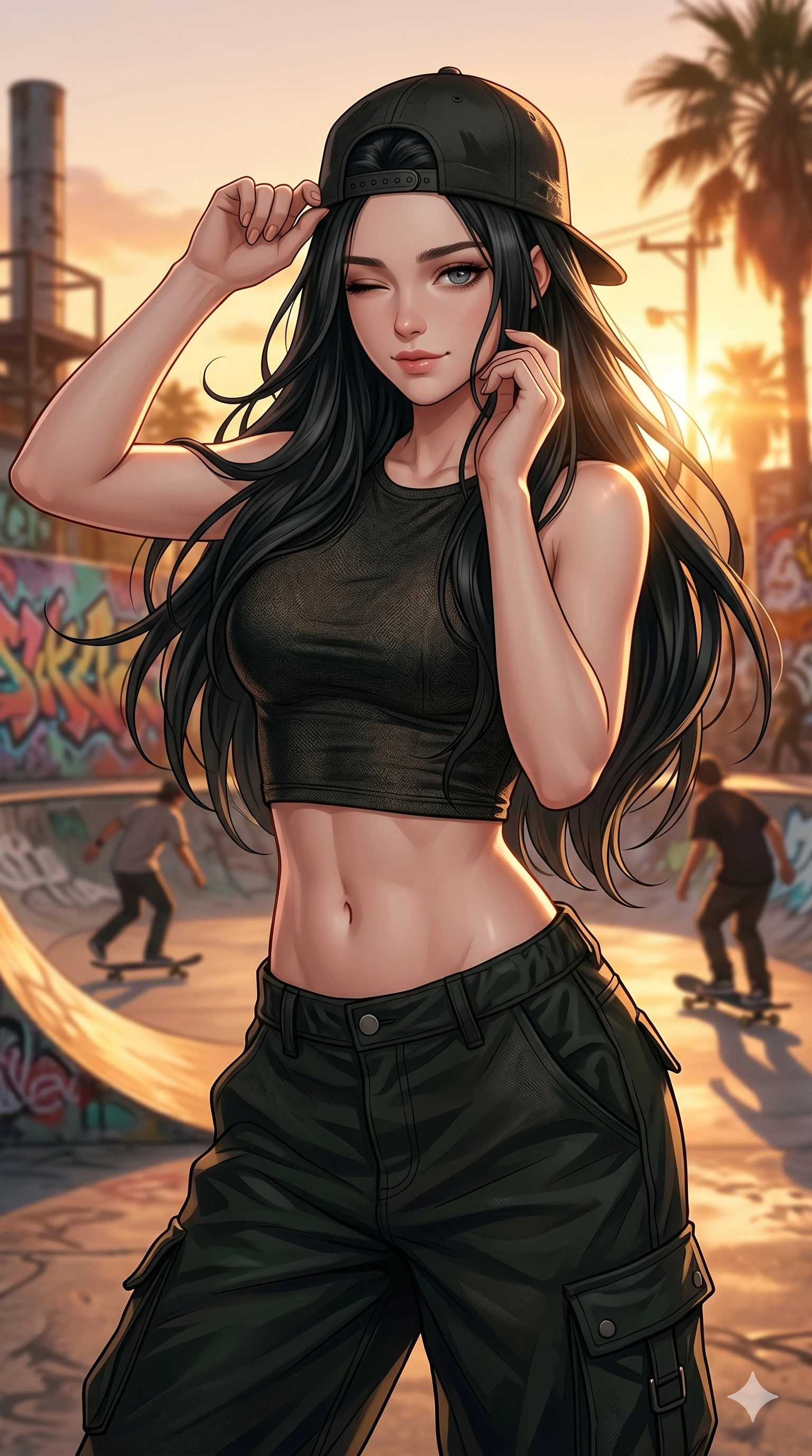 score_9, score_8_up, score_7_up, source_anime, masterpiece, best quality, ultra-detailed, same character with long flowing black hair, wearing a crop top and baggy cargo pants, upper body close-up from thigh up filling the screen, playfully adjusting a backward baseball cap and winking, skatepark at sunset, warm glow, 2k, 9:16 ratio