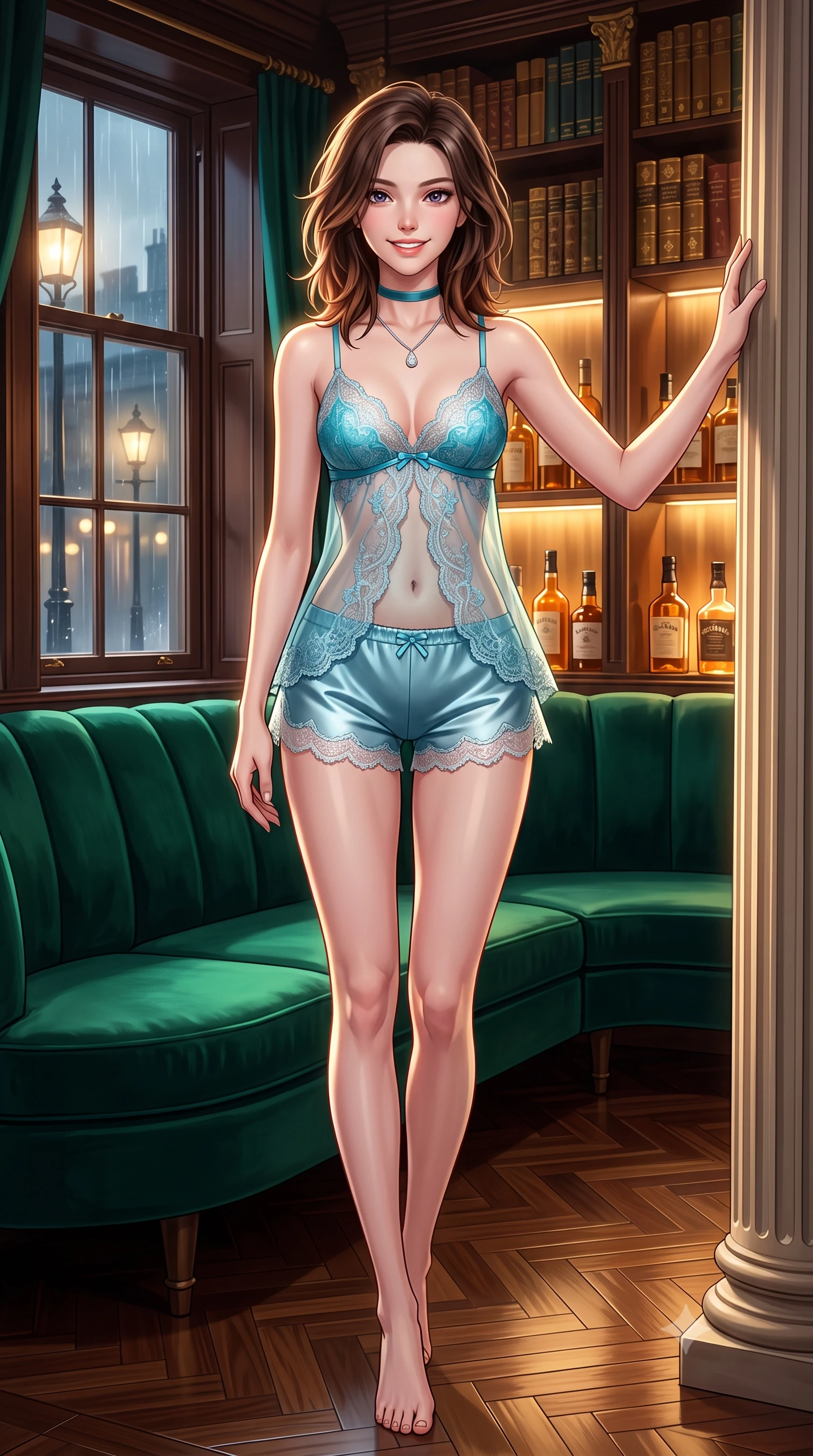 score_9, masterpiece, best quality, ultra-detailed, high-budget anime keyframe, semi-realistic 3D game render, editorial fashion photography, tasteful artistic composition, Korean woman. low angle full-body shot from head to toe showing her feet, filling the entire 9:16 vertical frame with her statuesque presence, stretching her vertical silhouette. standing tall beside the architectural column, one hand resting high while arching her lower back to emphasize her sculpted feminine hips and slender waist while reclining gracefully across the deep emerald velvet curved banquette propped on one elbow, displaying her long slender limbs and statuesque hourglass silhouette. The background shows a soft-focus leather-bound antique gilt books on soaring shelves, backlit amber liquor bottles, and rainy Mayfair streetlamps through sash windows blurred into emerald, amber, and mahogany bokeh. She has an exceptionally tall and slender model-like 8.5-heads proportion, an ultra-slim waist, a flat toned midriff, narrow delicate ribcage, and beautifully sculpted feminine hips creating a graceful, slim hourglass silhouette without any bulky heaviness, with impossibly long slender legs. sharp v-shaped jawline, high-bridge nose, intricate jewel-like sparkling eyes with depth, thick eyelashes, glossy parted lips with a natural peach sheen, bright cheerful beaming smile with an enchanting and coquettish sensual glint, exuding both youthful cute charm and seductive allure, flawlessly proportioned anatomical accuracy, strict slender model proportions, natural body alignment, perfectly sculpted long slender limbs, ultra-slim waistline, clean dynamic posture without body distortion. wearing a delicate sheer lace babydoll camisole paired with matching satin tap pants with scalloped eyelash lace trim in Capri Grotta cyan and radiant moonlit silver, made of delicate embroidered tulle lace with intricate floral motifs and soft transparency, finished with a thin velvet ribbon choker and a single teardrop diamond pendant, the form-contouring silhouette accentuating her sculpted flat midriff, narrow delicate ribcage, and gracefully curvy hips with intoxicating allure. illuminated by polished parquet reflection bounce and sharp champagne-gold rim lights defining her dewy collarbones, ultra-slim waist, and curvy hips. highly saturated vibrant anime colors, detailed shading with soft gradients, rich glossy textures, high-contrast stereoscopic depth, volumetric dynamic lighting, master piece, 9:16 ratio