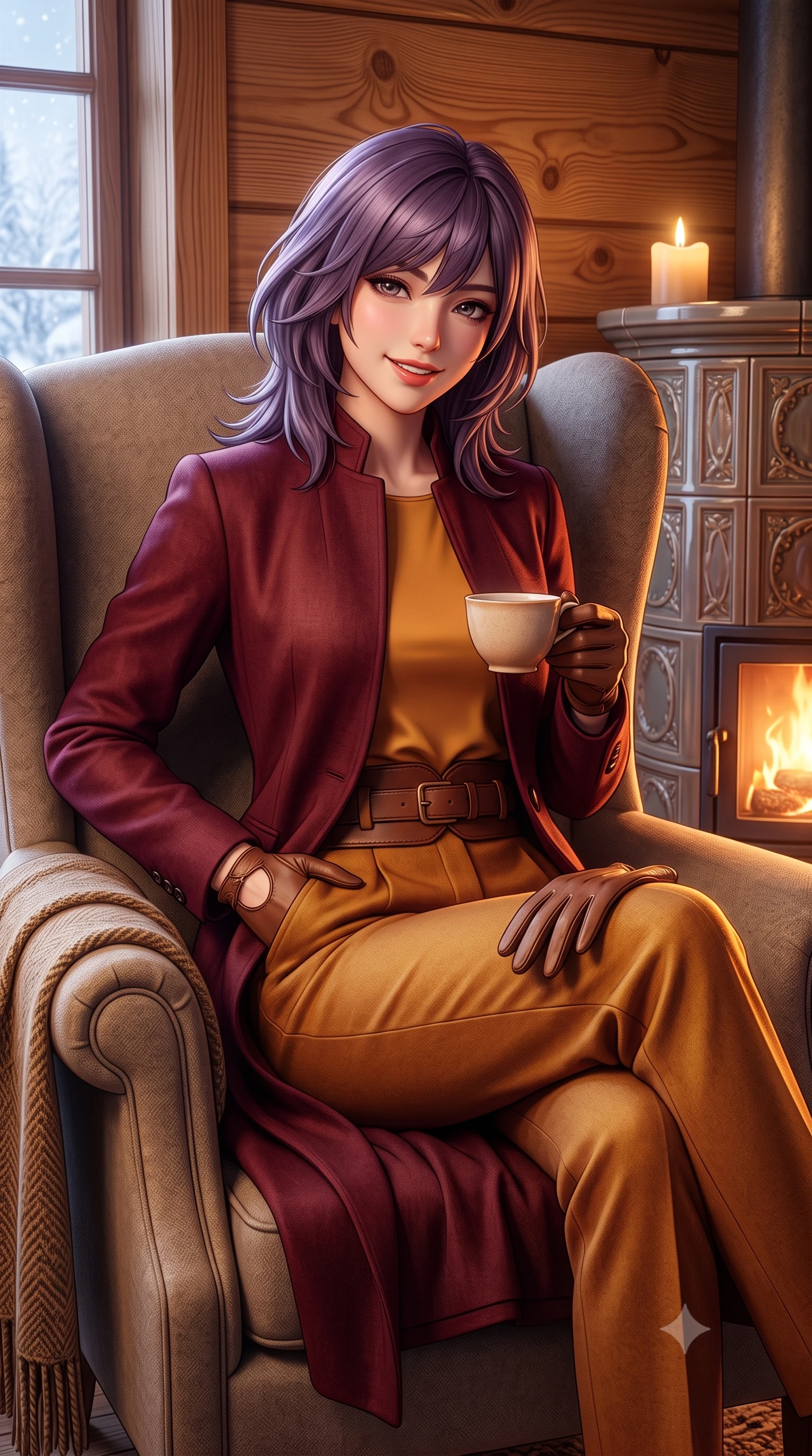 score_9, masterpiece, best quality, ultra-detailed, high-budget anime keyframe, semi-realistic 3D game render, editorial fashion photography, tasteful artistic composition, Japanese woman. close-up cowboy shot from the waist and thighs up, the character dominates the composition, filling the frame with her large presence. standing poised with one hand slipped into her tailored trouser pocket, head tilted in a friendly, engaging expression while curled up comfortably in an oversized wool wingback chair beside a traditional ceramic tile stove, smiling warmly with teacup in hand. The surrounding environment is rendered in vivid detail and crisp panoramic clarity: sharp tight annual growth rings in fragrant pine timber, glazed ceramic stove relief patterns, and hand-woven wool throw textures in deep focus. She has an exceptionally elegant, slender, and willowy female figure with an ultra-slim waist, flat toned midriff, narrow ribcage, and sculpted feminine hips creating an alluring, slim hourglass silhouette without bulk. sharp v-shaped jawline, high-bridge nose, intricate jewel-like sparkling eyes with depth, thick eyelashes, glossy parted lips with a natural peach sheen, bright cheerful beaming smile with an enchanting and coquettish sensual glint, exuding both youthful cute charm and seductive allure, flawlessly proportioned anatomical accuracy, strict slender model proportions, natural body alignment, perfectly sculpted long slender limbs, ultra-slim waistline, clean dynamic posture without body distortion. wearing a stand-collar tailored linen-silk coat layered over a minimalist silk tunic and straight-leg pressed trousers in rich Oxford burgundy and golden amber, made of luxurious brushed wool flannel with rich textural depth and clean structure, complemented by buttery leather gloves held delicately in one manicured hand, the structured cinched belt emphasizing her narrow waistline and gracefully balanced proportions with timeless haute-couture polish. bathed in cozy 2700K warm ambient candlelight and soft porcelain stove radiance combined with cool winter window light. highly saturated vibrant anime colors, detailed shading with soft gradients, rich glossy textures, high-contrast stereoscopic depth, volumetric dynamic lighting, master piece, 9:16 ratio