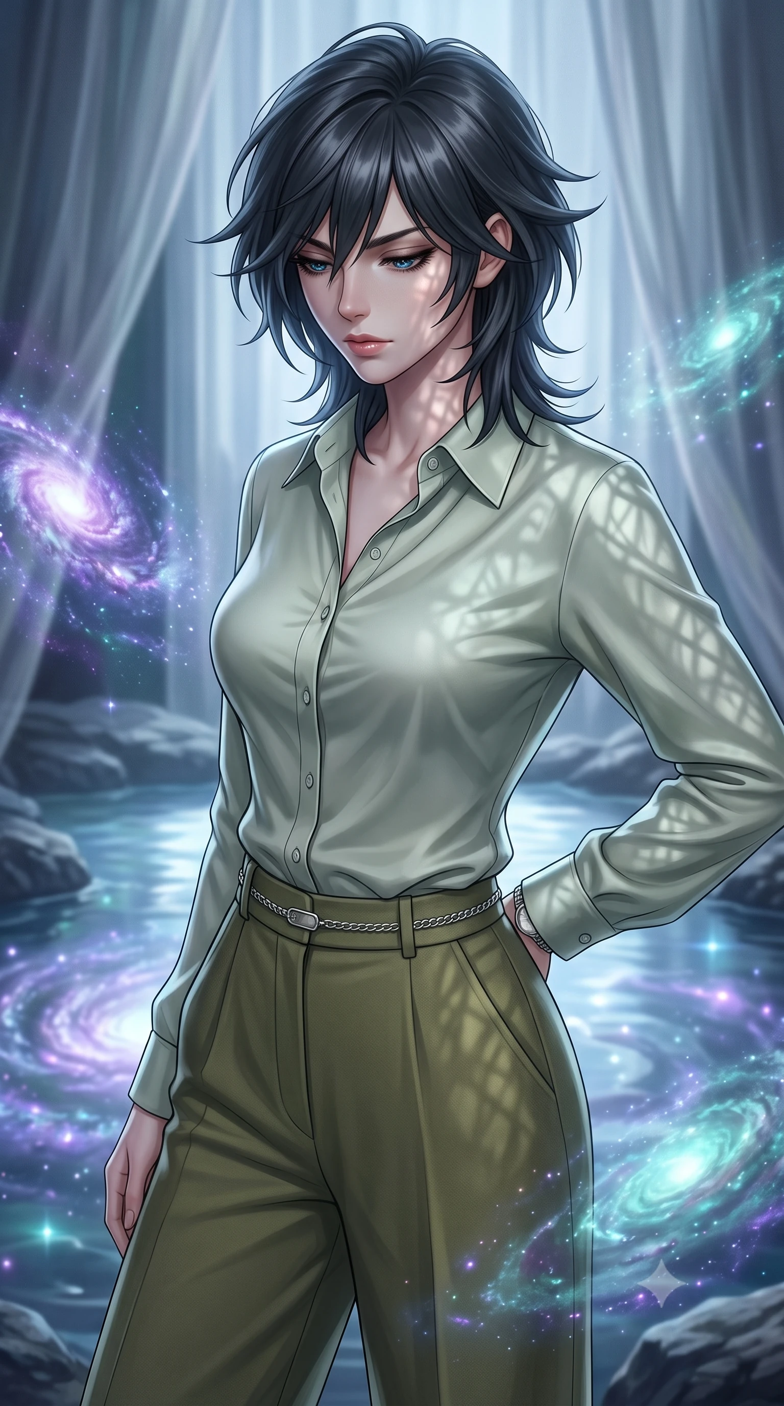 score_9, masterpiece, best quality, ultra-detailed, high-budget anime keyframe, editorial fashion photography, tasteful artistic composition, Caucasian woman, strictly human ears. close-up cowboy shot from the waist and thighs up, the character dominates the composition, filling the frame with her large presence, background elements kept in soft focus. Looking down with lowered lashes and a composed powerful expression. set against a soft-focus background of a natural rock pool at the very edge of a spiral galaxy where cosmic gases collect in swirling bioluminescent patterns of violet and teal galaxies reflected in the still luminous surface. She has an exceptionally elegant and slender, willowy female figure with an ultra-slim waist, a gracefully sculpted slender torso, and a refined slim physique. sharp v-shaped jawline, high-bridge nose, intricate jewel-like eyes with depth, thick eyelashes, glossy lips with a natural sheen. wearing a pale sage green button-down silk shirt tucked into high-waisted olive green wide-leg trousers. cold silver moonlight filtered through translucent gossamer curtains casting delicate shadows. 2k, ultra detail, master piece, 9:16 ratio