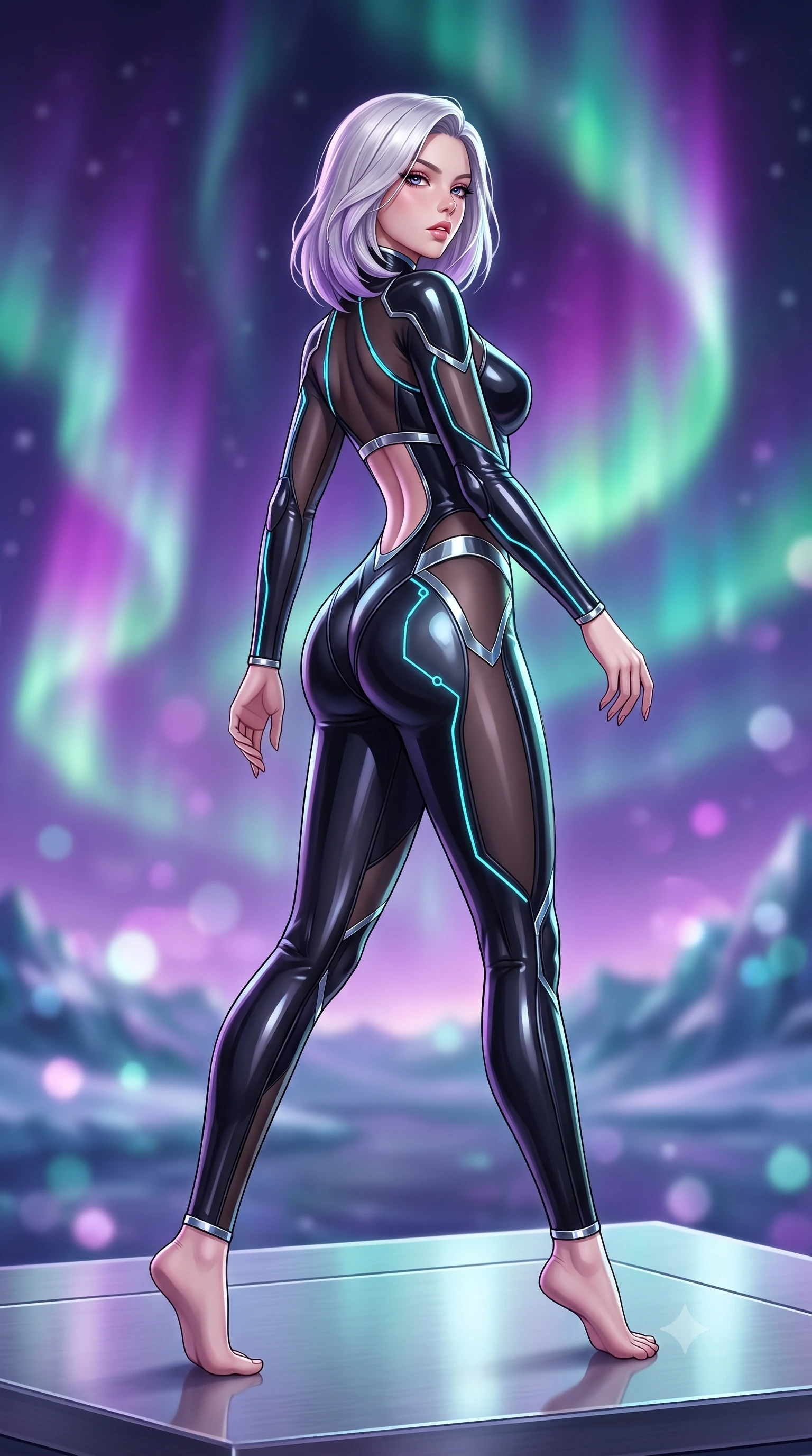 score_9, masterpiece, best quality, ultra-detailed, high-budget anime keyframe, semi-realistic 3D game render, editorial fashion photography, tasteful artistic composition, Caucasian woman. low angle full-body shot from head to toe showing her feet, filling the entire 9:16 vertical frame with her statuesque presence, stretching her vertical silhouette. striding forward in a proud supermodel runway stride, hips swaying in an alluring kinetic rhythm that accentuates her curvy hourglass silhouette while standing poised on a polished titanium altar overlooking midnight glaciers, twisting her torso to look back with fierce, intoxicating allure as auroras dance overhead. The composition keeps background elements in soft focus with creamy bokeh. swirling violet, emerald, and magenta aurora curtains and distant glacier peaks blurred into glowing amethyst, teal, and diamond bokeh. She has an absolutely perfect, statuesque 8.5-heads proportion, an exceptionally tall and slender model-like female figure with impossibly long slender legs, a toned flat midriff, an ultra-slim waist, and beautifully sculpted feminine hips. sharp v-shaped jawline, high-bridge nose, intricate jewel-like eyes with depth, thick eyelashes, glossy parted lips with a natural sheen, intensely captivating and seductive bedroom-eyes expression, flawlessly proportioned anatomical accuracy, strict slender model proportions, natural body alignment, perfectly sculpted long slender limbs, ultra-slim waistline, clean dynamic posture without body distortion. wearing a form-contouring high-tech valkyrie jumpsuit featuring sheer contouring mesh panels and reinforced shoulders in pitch-black vinyl and specular chrome trim, made of flexible reflective spandex and heavy tactical webbing, accented with glowing cyan LED circuit lines tracing her hip bones and collarbones, the second-skin form-contouring cut accentuating her sculpted flat midriff, narrow waistline, and dramatically curvy hips without adding bulk. illuminated by crisp metallic specular reflections sharply defining her sculpted waist, bare spine, and curvy hips. highly saturated vibrant anime colors, detailed shading with soft gradients, rich glossy textures, high-contrast stereoscopic depth, volumetric dynamic lighting, master piece, 9:16 ratio